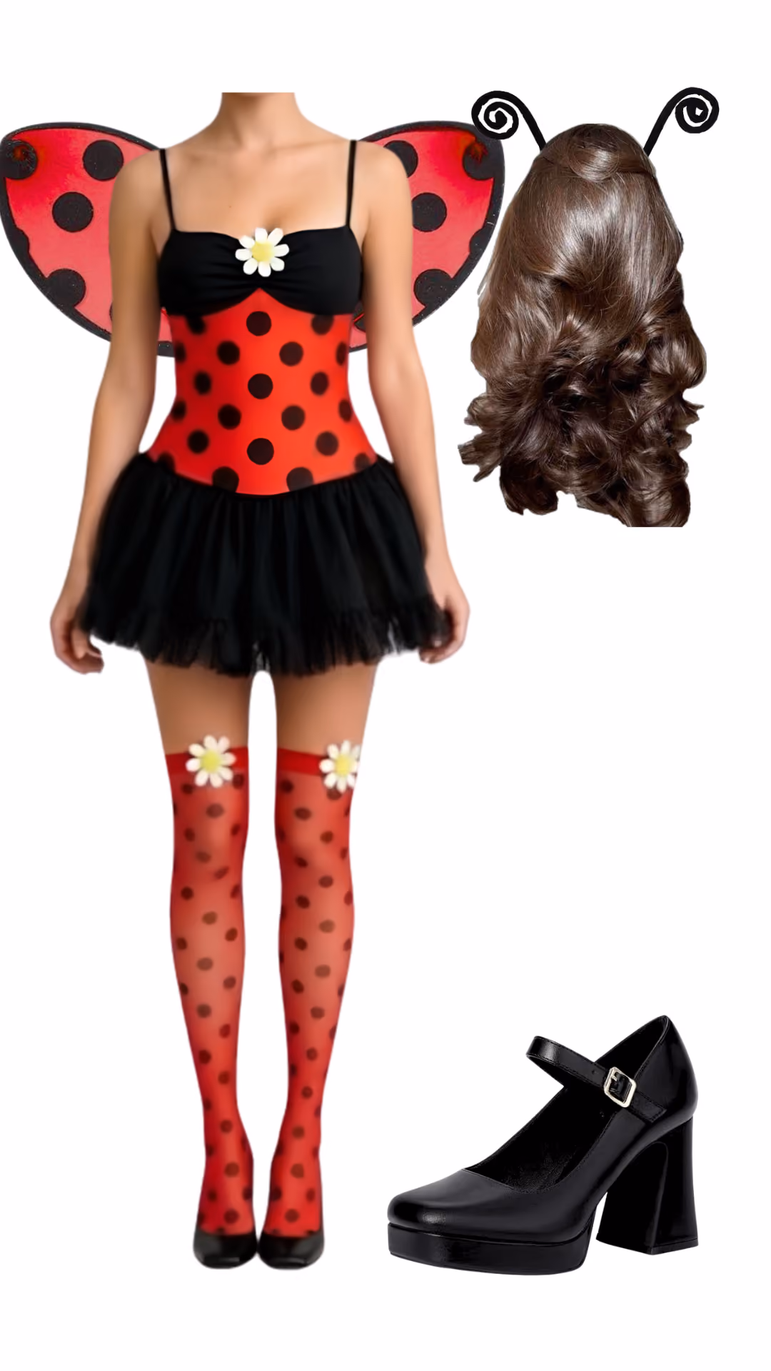 Lady Bug-inspired Halloween costume with a red polka-dot corset dress with a black tulle skirt and red polka-dot wings, a long brown wavy wig with antennae, polka-dot thigh-high socks, and black Mary Jane heels