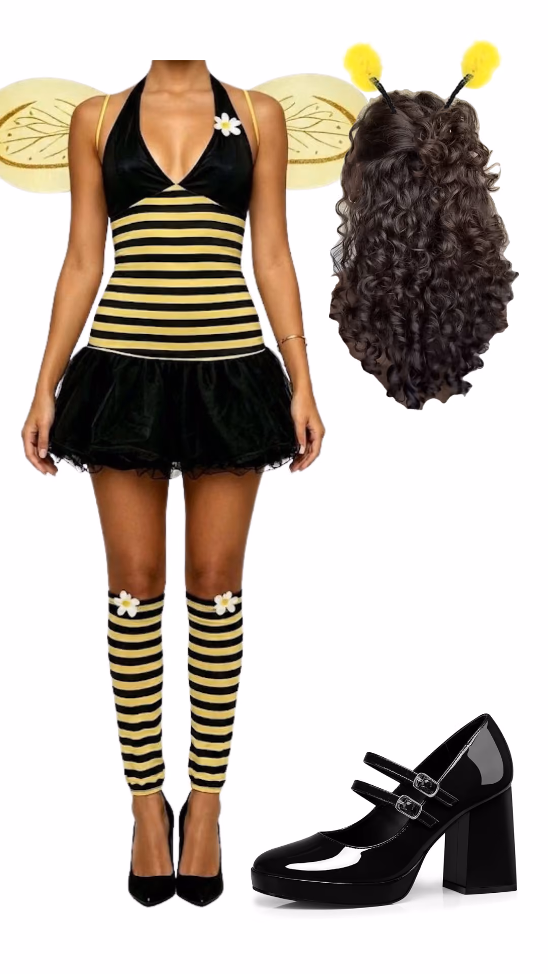 Bee-inspired Halloween costume with a black and yellow striped dress with a black tulle skirt and yellow fairy wings, a long curly brown wig with yellow antennae, striped leg warmers, and black Mary Jane heels