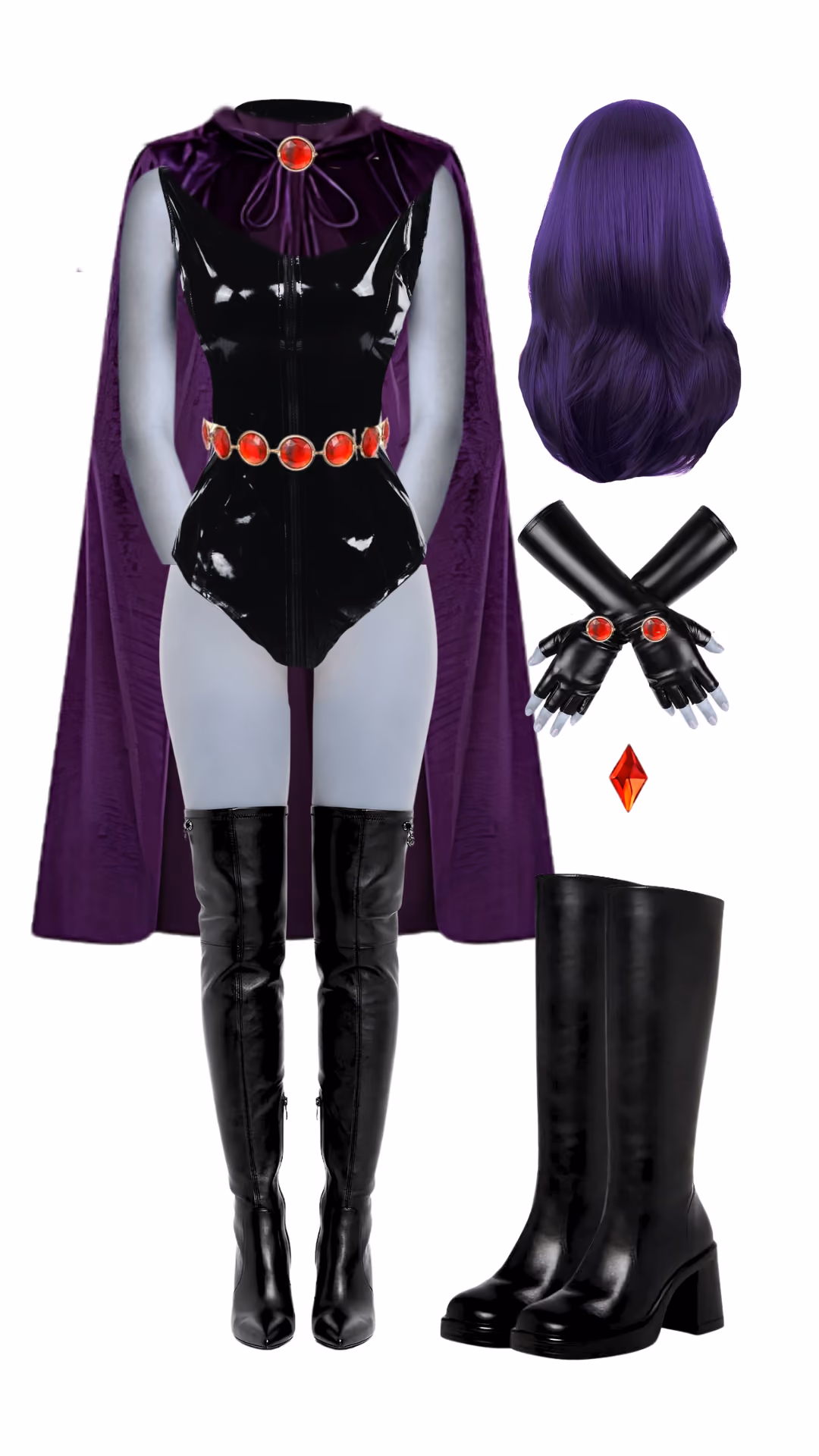 Raven-inspired Halloween costume with a black patent bodysuit with a jeweled belt and a purple hooded cape, a long purple wavy wig, black fingerless gloves, a red gem prop, and black knee-high boots