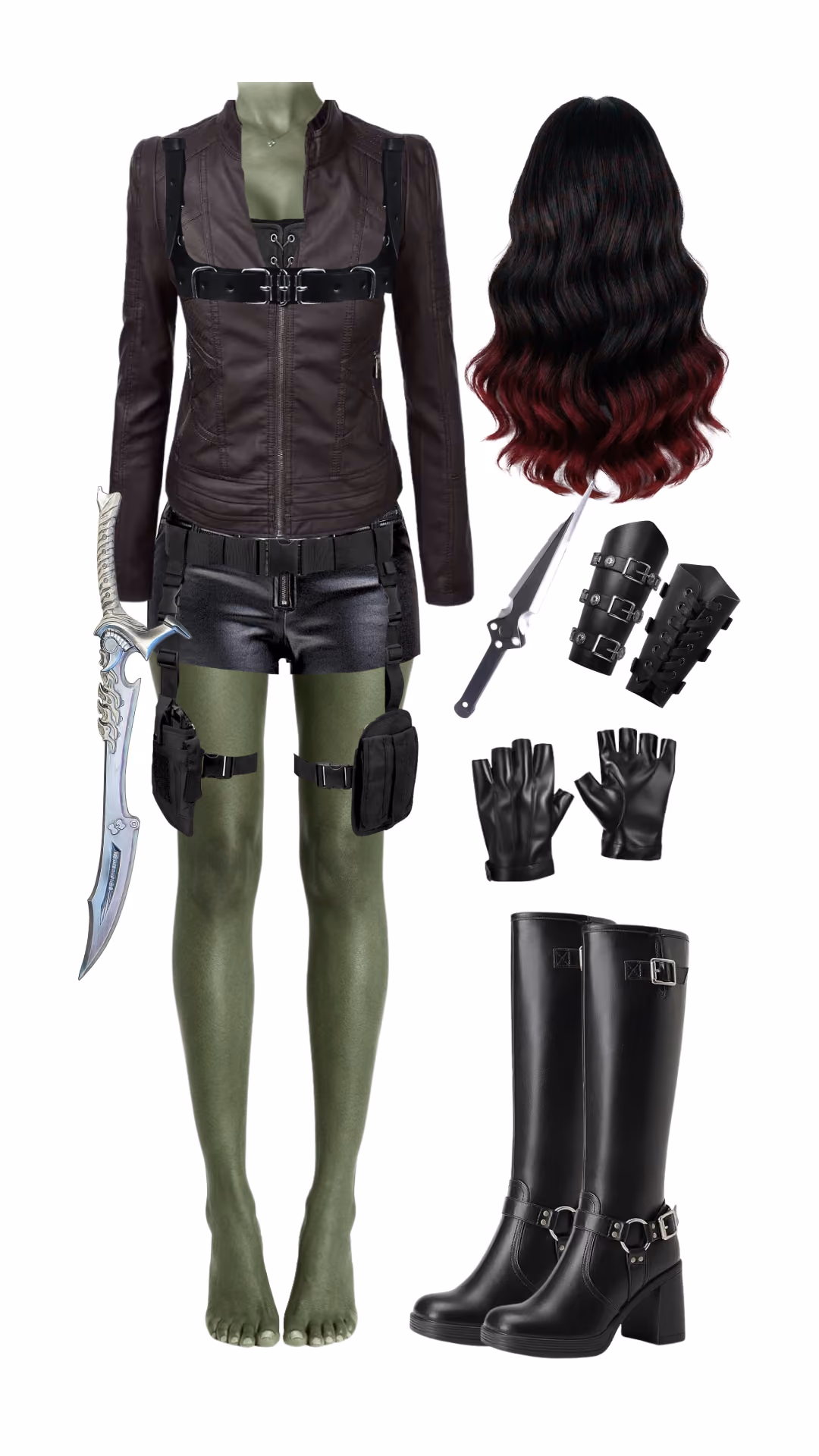 Gamora-inspired Halloween costume with a brown faux-leather jacket with a black harness, black shorts with a utility belt, and olive green tights, a long black and red wavy wig, a sword prop, fingerless gloves, arm guards, and black knee-high boots