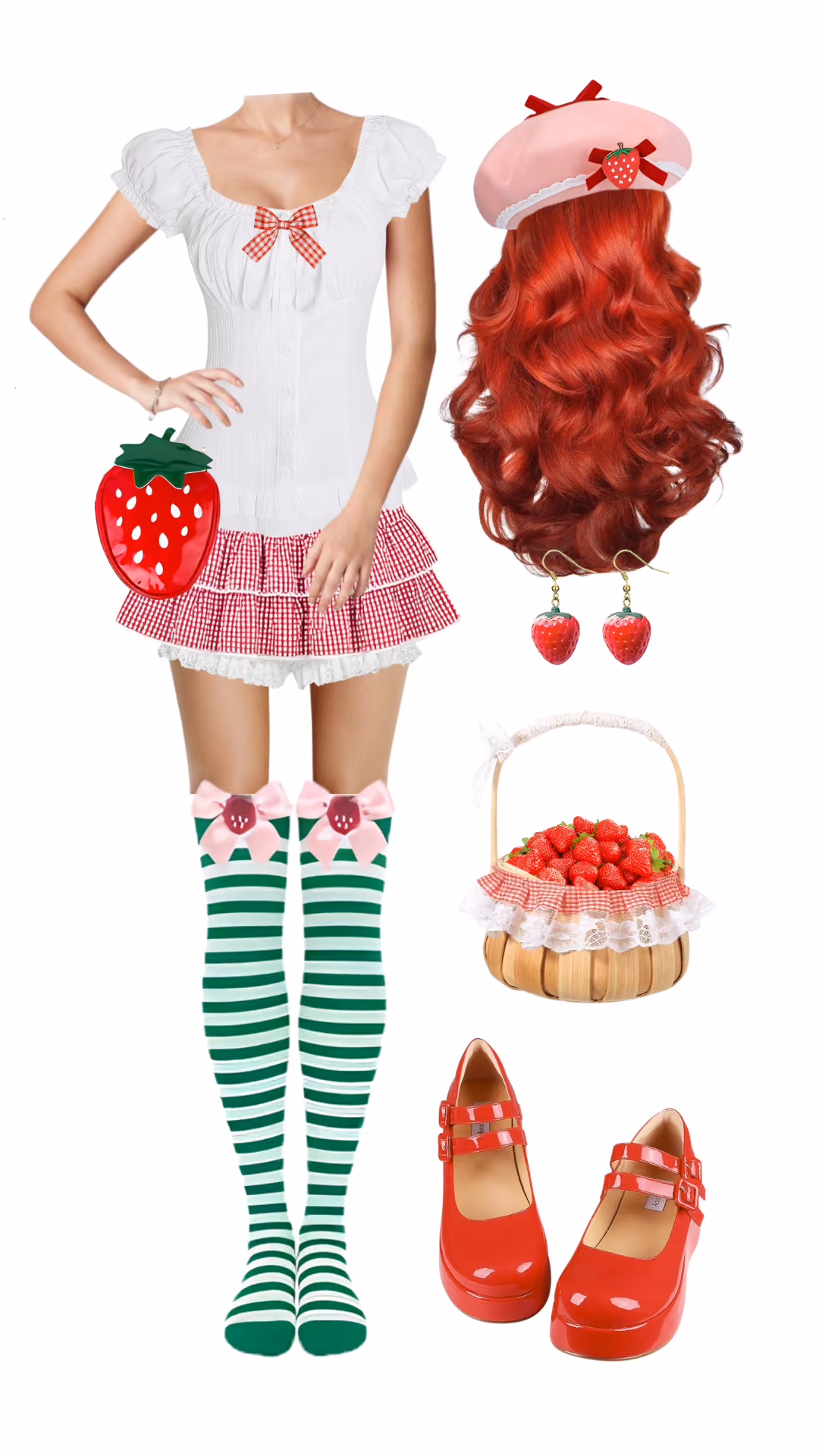 Strawberry Shortcake-inspired Halloween costume with a white puff-sleeve blouse with a gingham bow and a red gingham ruffle mini skirt, a pink beret, a long red wavy wig, strawberry drop earrings, striped knee socks, a strawberry basket, and red Mary Jane heels