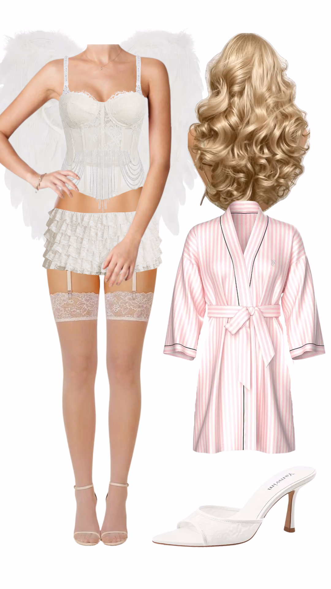 Victoria's Secret Angel-inspired Halloween costume with an ivory lace corset, ruffle shorts, and garter stockings, paired with white feather wings, a long blonde curly wig, a pink striped robe, and white heeled sandals