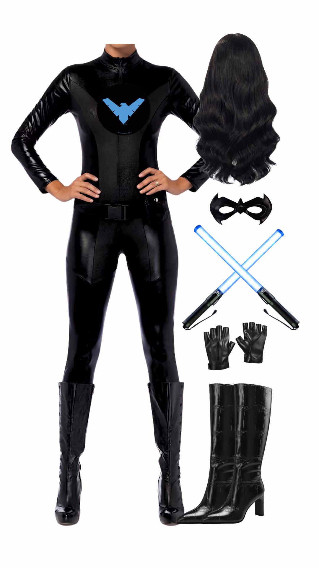 Nightwing-inspired Halloween costume with a black zip-front catsuit with a blue logo graphic and a belt, a long black wavy wig, a black eye mask, fingerless gloves, glowing blue escrima stick props, and black knee-high boots