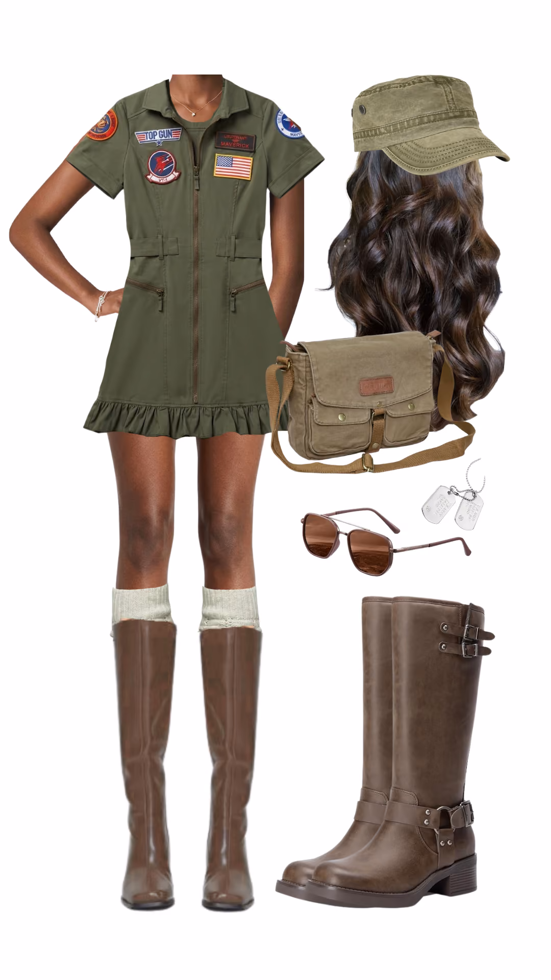 Top Gun-inspired Halloween costume with an olive green zip-front flight dress with patches and a flag badge, an olive green cadet cap, a long brunette wavy wig, dog tags, aviator sunglasses, a canvas messenger bag, knit boot socks, and brown knee-high boots