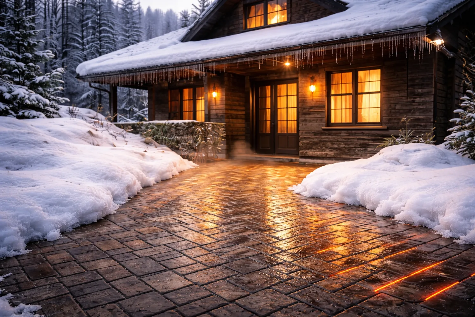 Entrée chauffante déneigée devant une maison