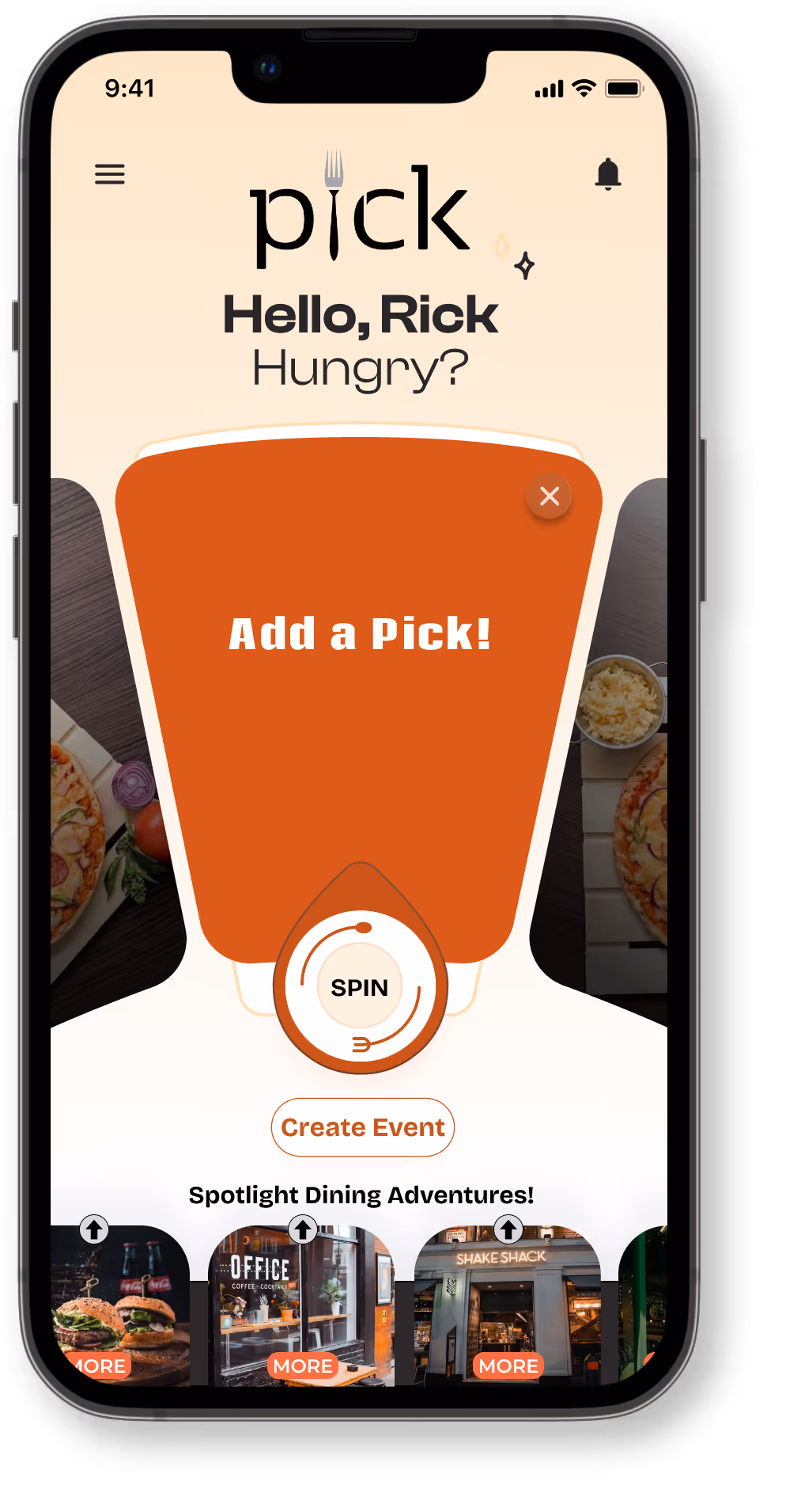 Smartphone screen showing a food app greeting user Rick with options to add a food pick, spin a wheel, create an event, and view dining adventures including burgers, coffee, and Shake Shack.