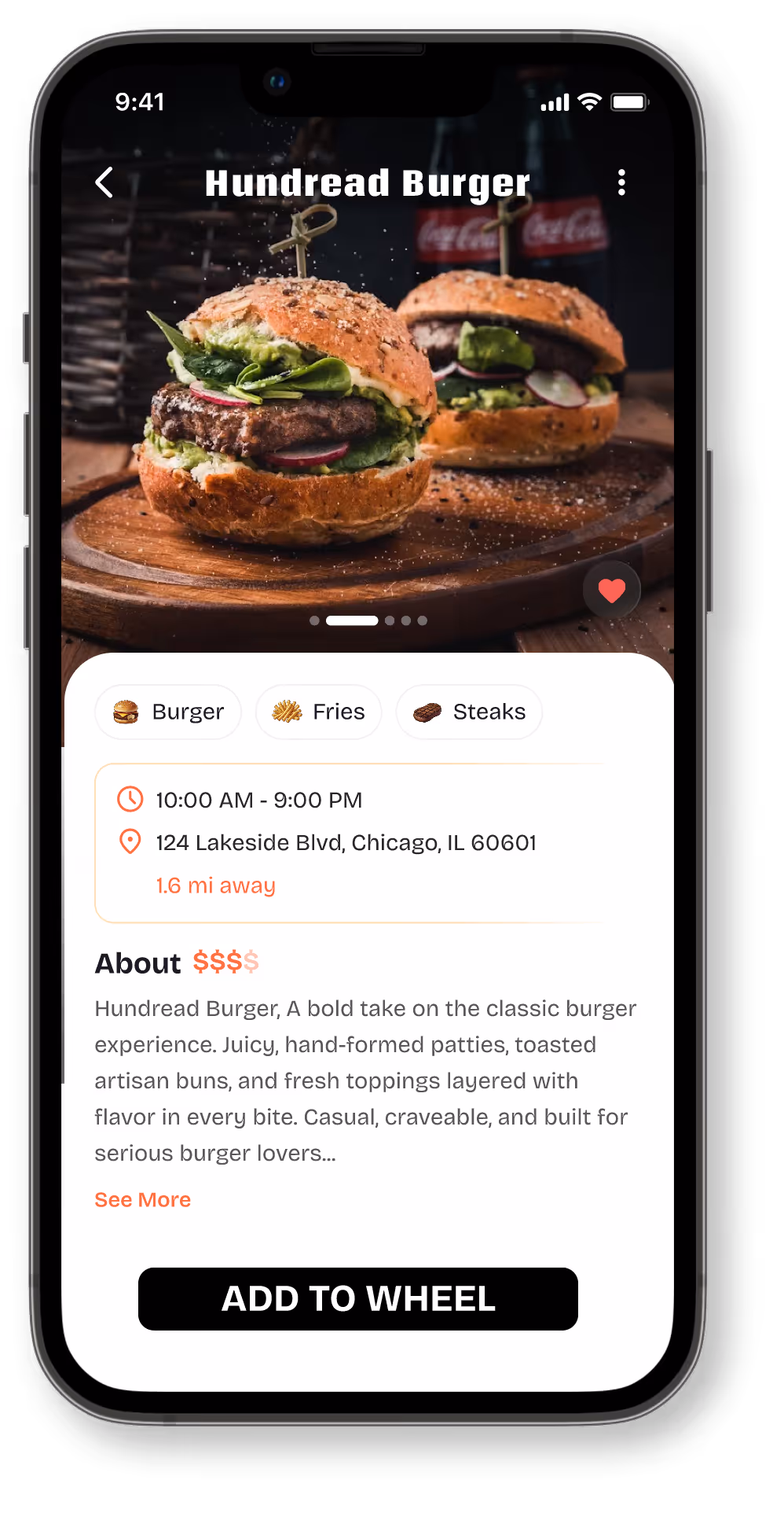 Mobile app screen showing two gourmet burgers on a wooden board, restaurant info for Hundred Burger including hours, address in Chicago, and price rating.