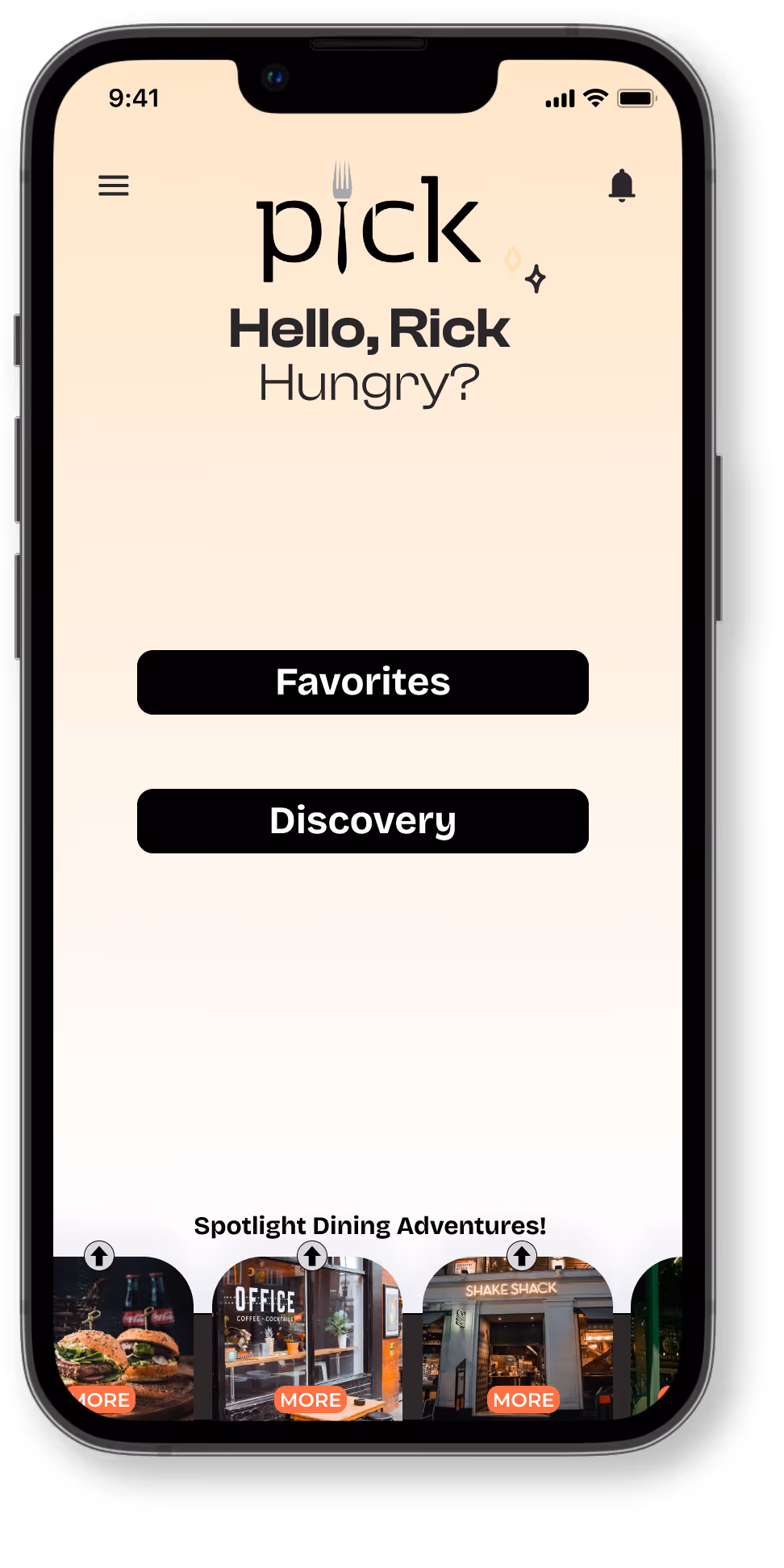 Mobile app screen with greeting 'Hello, Rick Hungry?' and buttons for Favorites and Discovery, plus a spotlight dining adventures section with restaurant images.