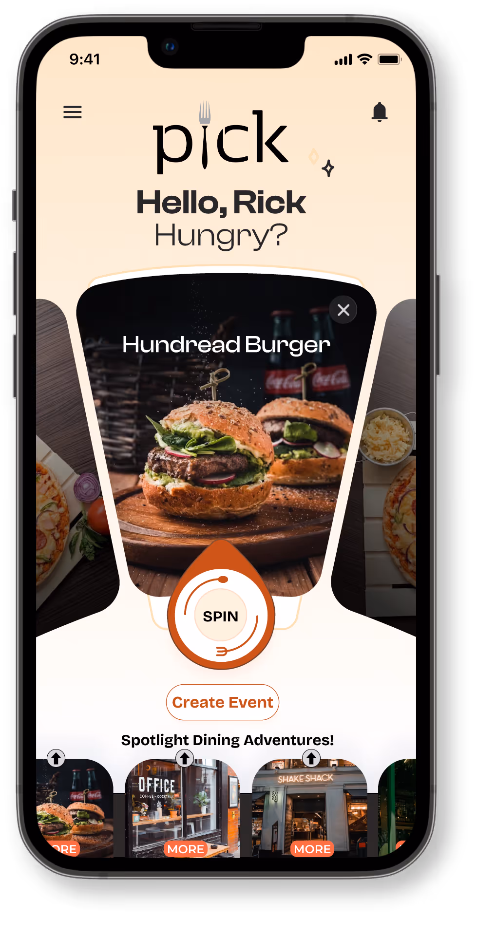 Mobile app screen greeting user Rick with a hamburger image labeled Hundred Burger and buttons to spin and create event, plus dining venue options below.