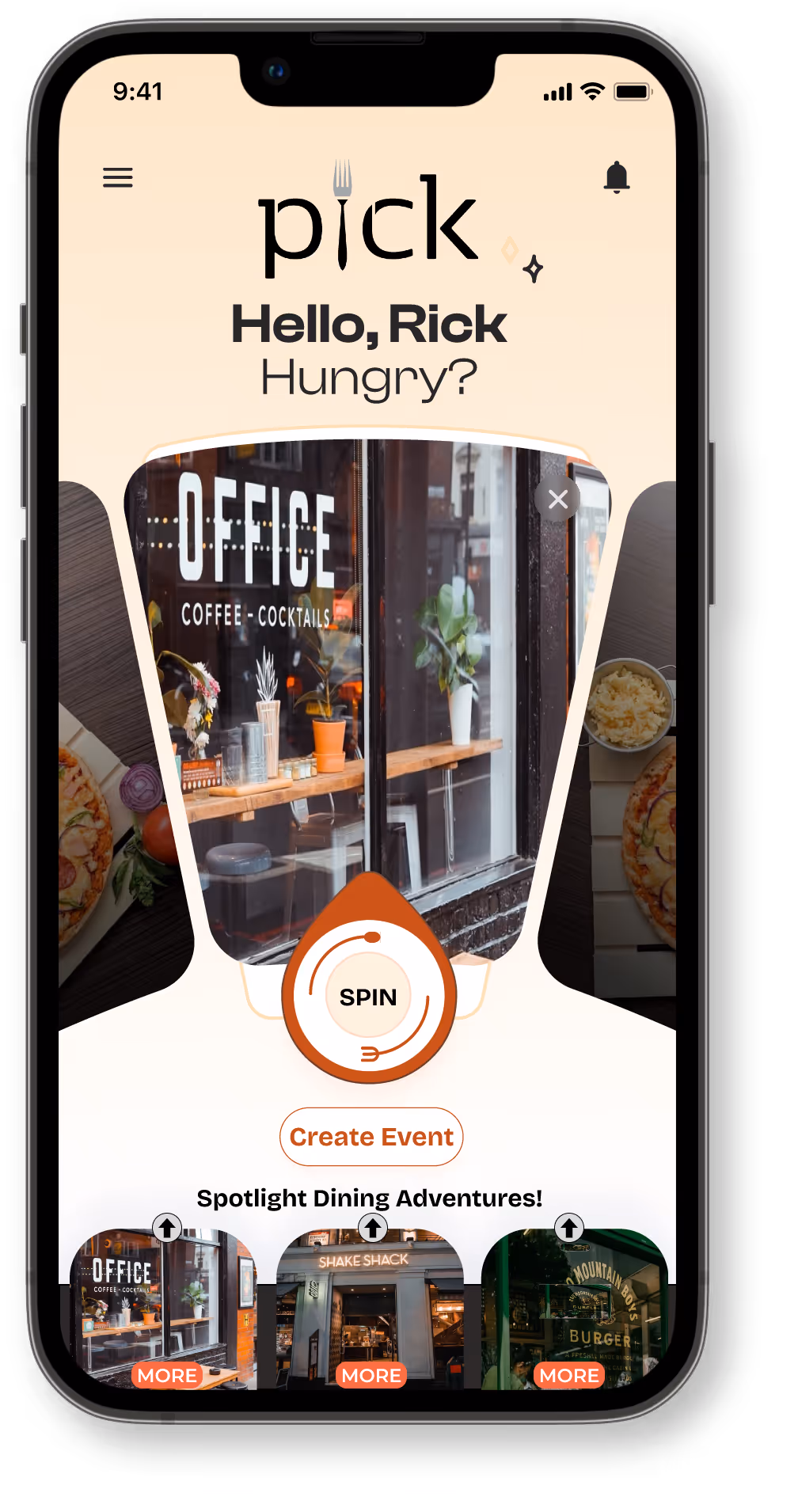 Mobile app interface greeting user Rick with dining options and a spin button to explore restaurants including Office Coffee Cocktails, Shake Shack, and Mountain Boys Burger.