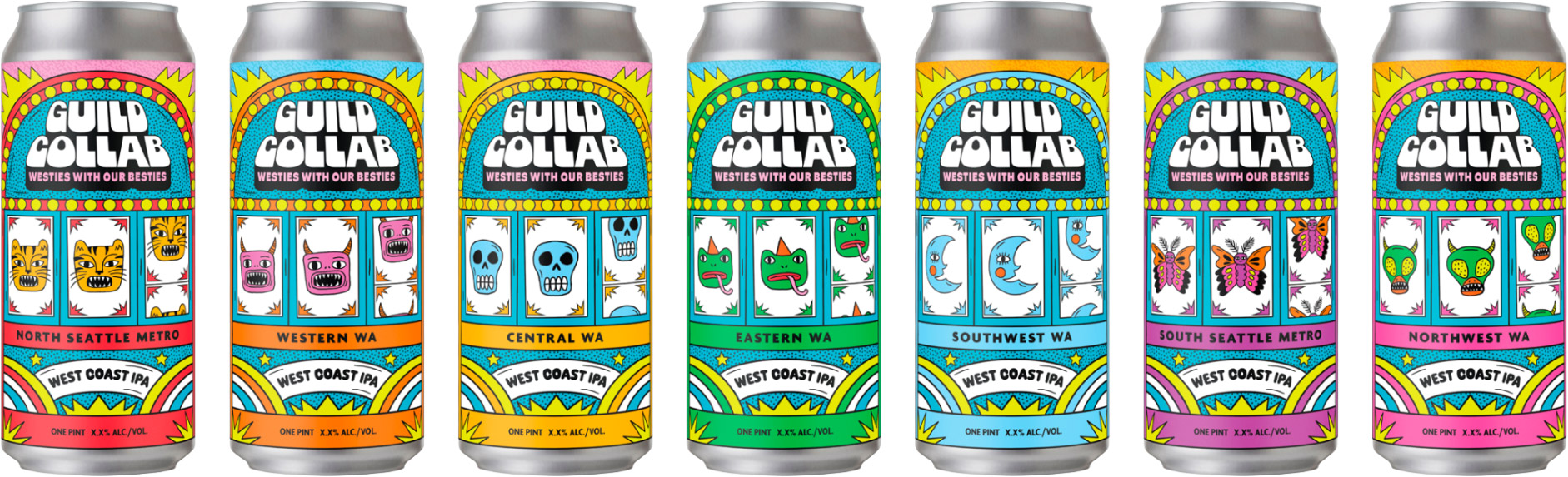 Row of Guild Collab beer cans with a design for each region of Washington
