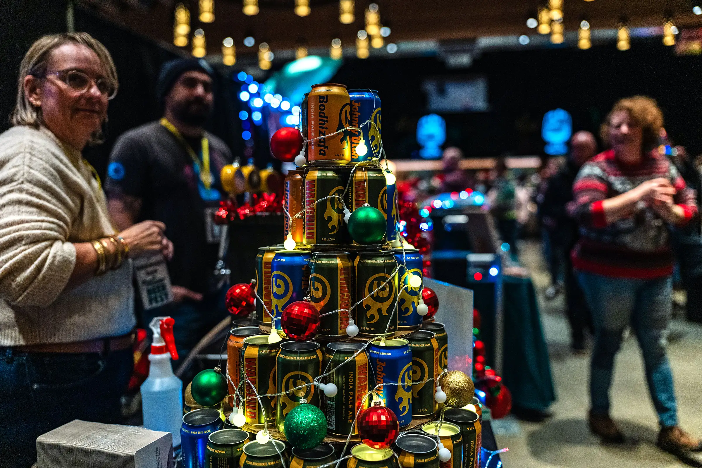Beer cans stacked into a Christmas tree at Winter Beer Fest 2025