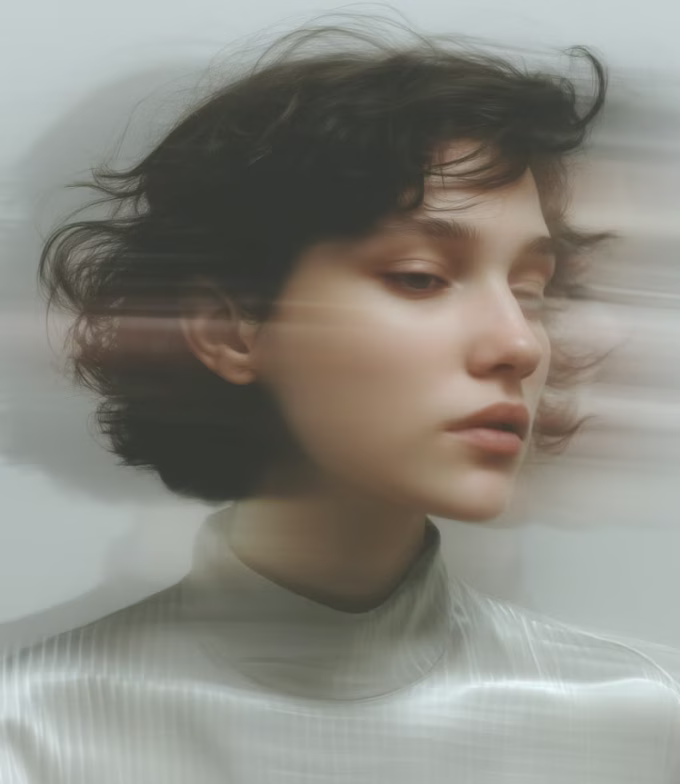 Portrait of a young person with short curly hair wearing a high-neck light-colored top, with a blurred motion effect around the face.