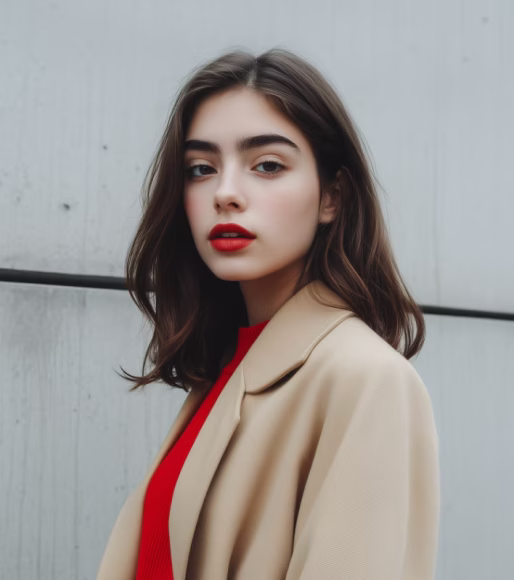 Young woman with dark hair, red lipstick, wearing a beige coat over a red top against a gray background.