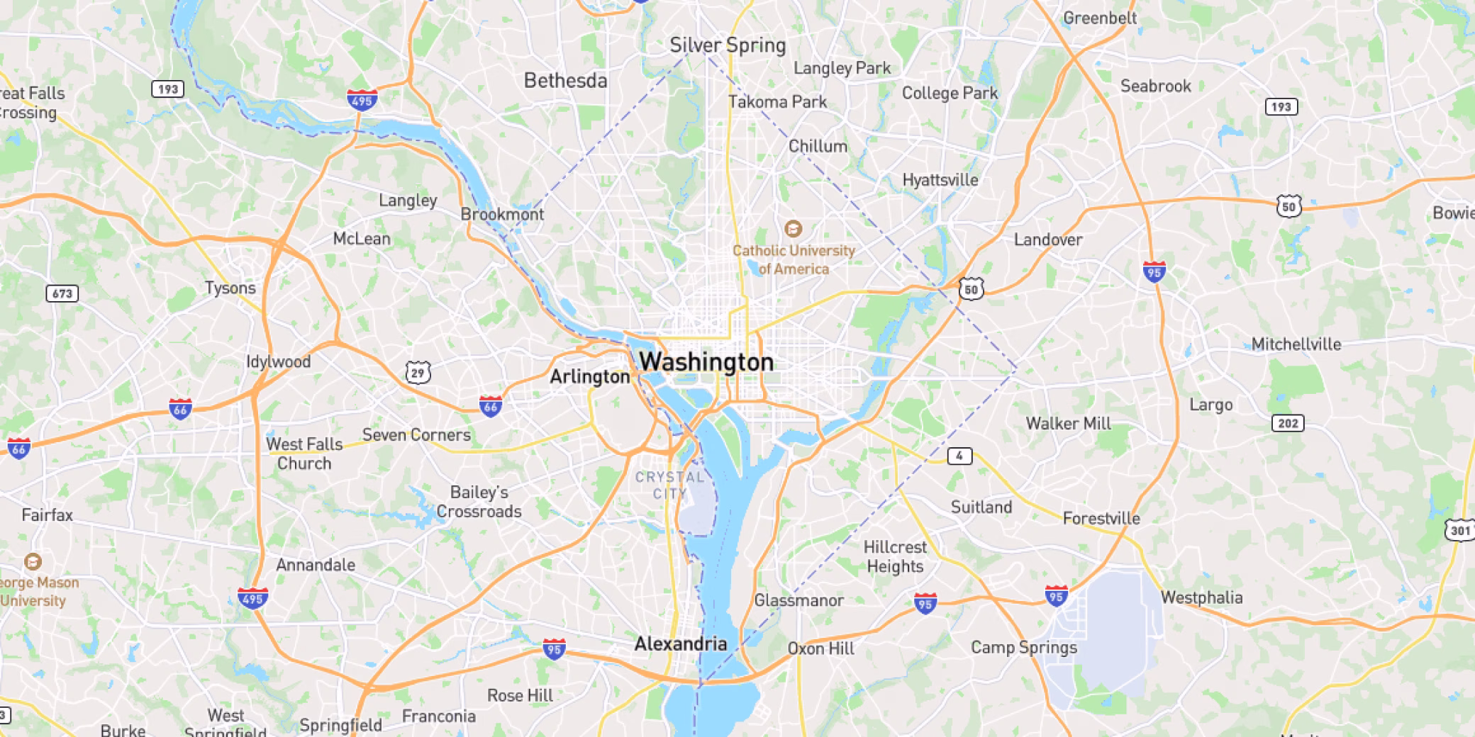 Map showing Washington D.C. and surrounding areas including Arlington, Alexandria, Bethesda, Silver Spring, and nearby highways.