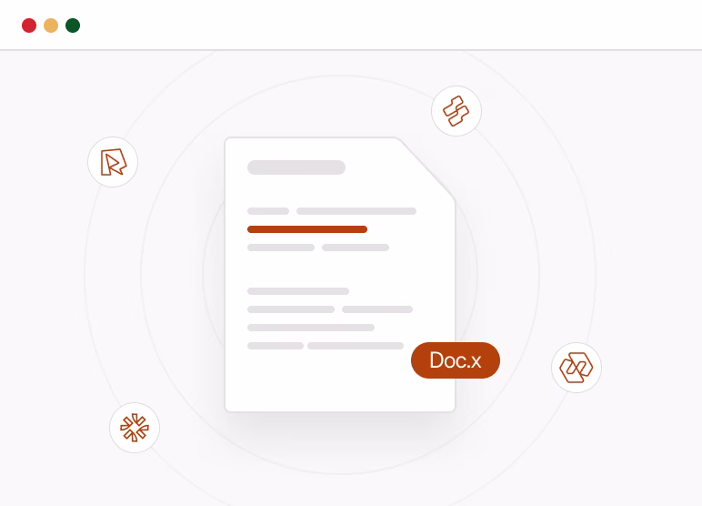 Illustration of a document icon labeled 'Doc.x' surrounded by four circular icons with abstract symbols, all on a light background with browser window controls visible at the top left.