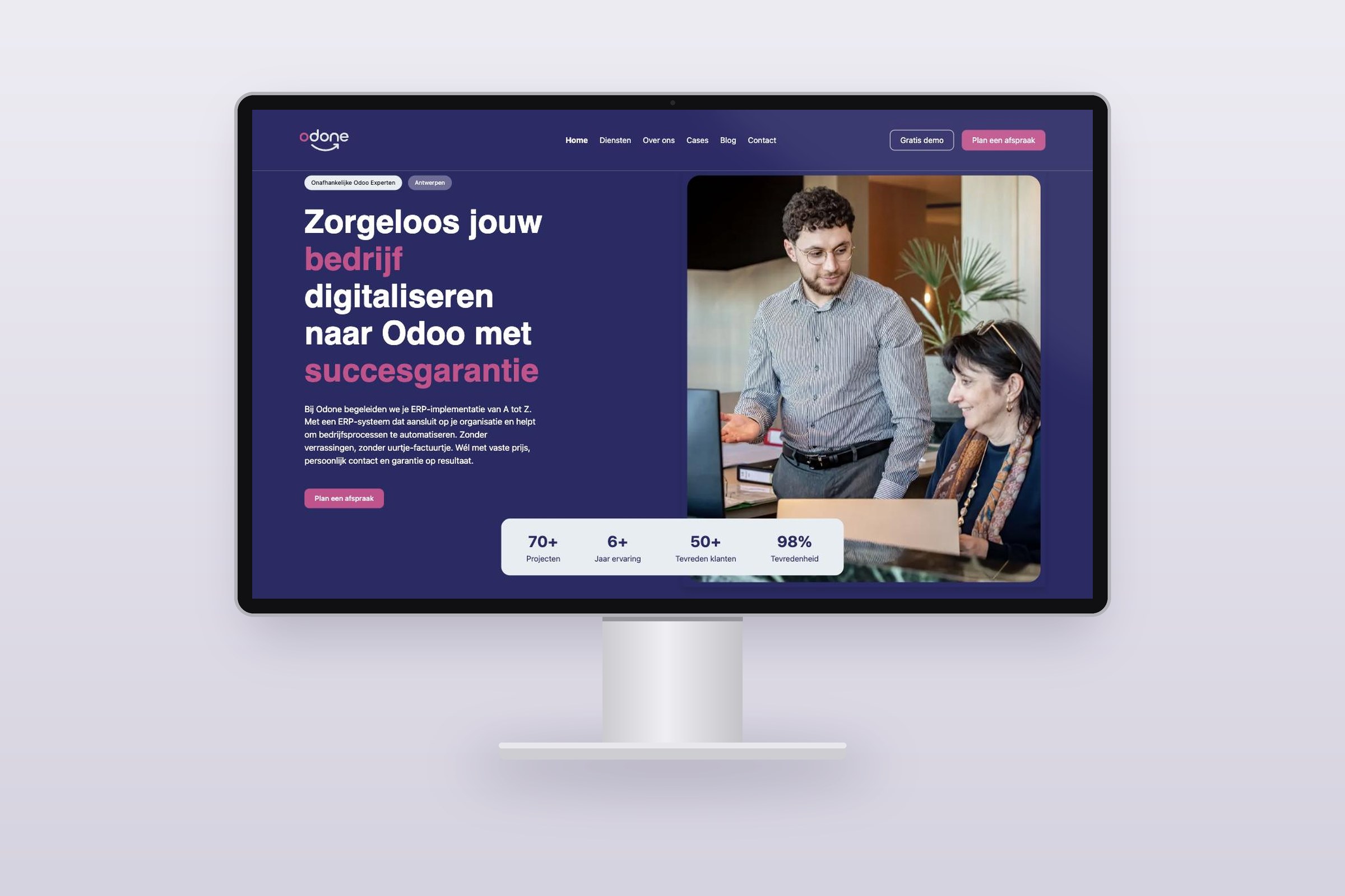Website van Odone (odone.be) op een desktopscherm