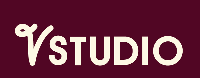 Logo with stylized 'V' followed by the word 'STUDIO' in uppercase letters on a dark red background.