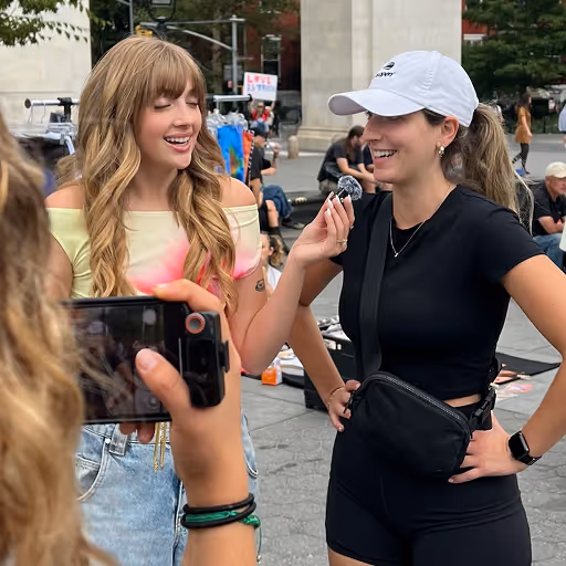 Women outdoors, one interviewing the other holding a microphone near her mouth, third person filming with a smartphone.
