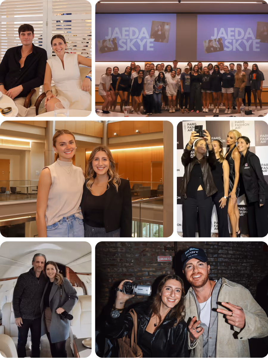 Collage of six photos showing various people posing together and taking selfies in different social and professional settings.