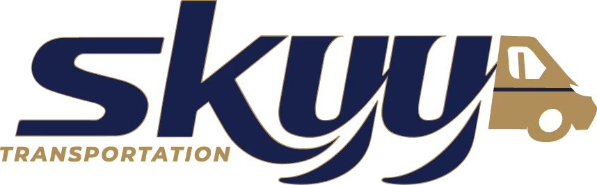 Skyy Transportation logo: stylized navy lettering with a gold van icon.