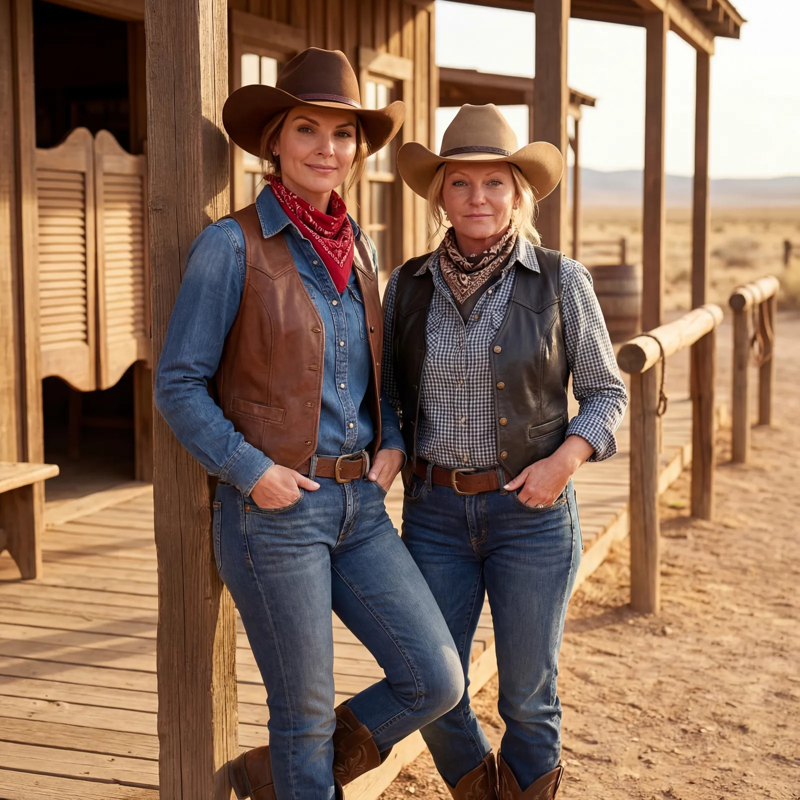 Two women dressed as cowgirls standing on a wooden porch in a desert setting, wearing hats, bandanas, leather vests, jeans, and boots.