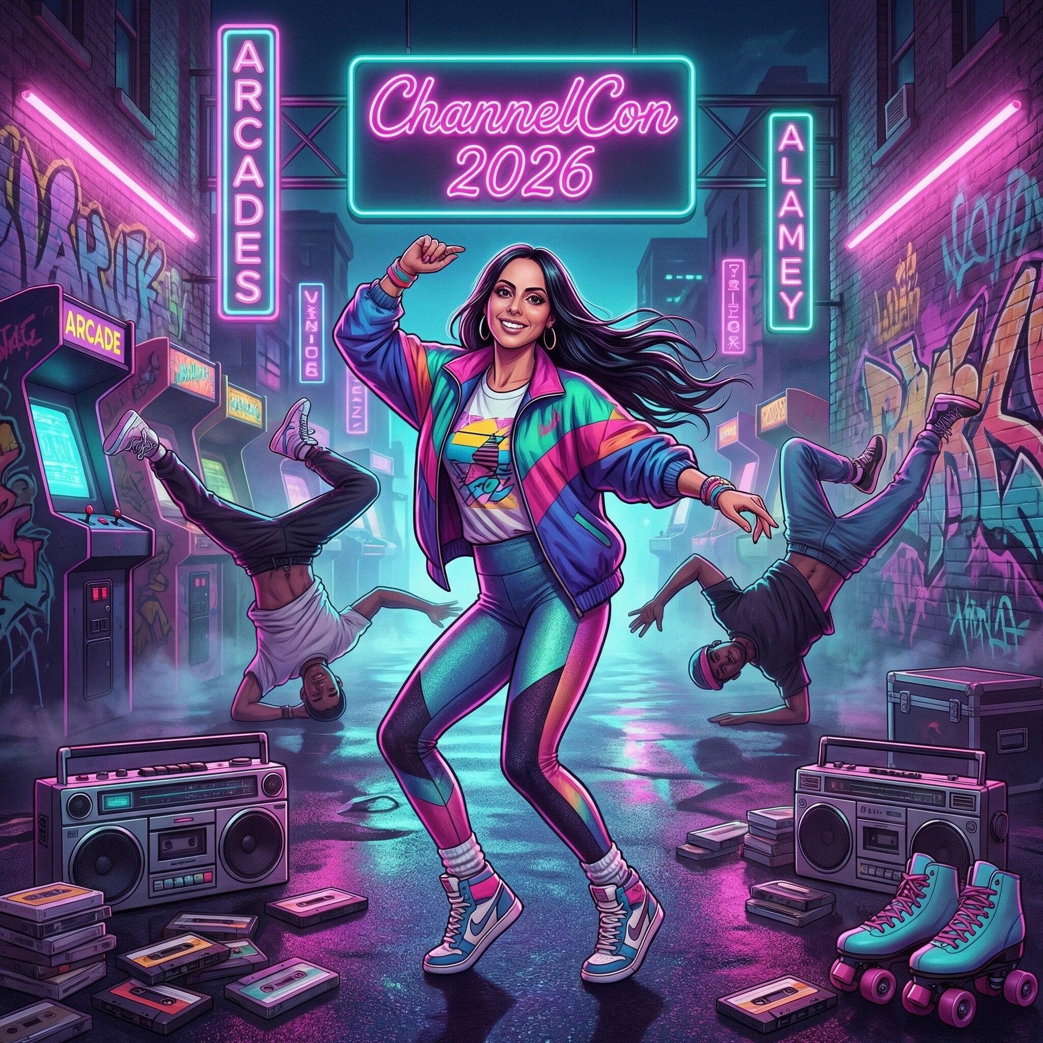 Group AI photo booth image. Three people breakdancing and roller skating in a neon-lit arcade alley with retro boomboxes and cassettes.