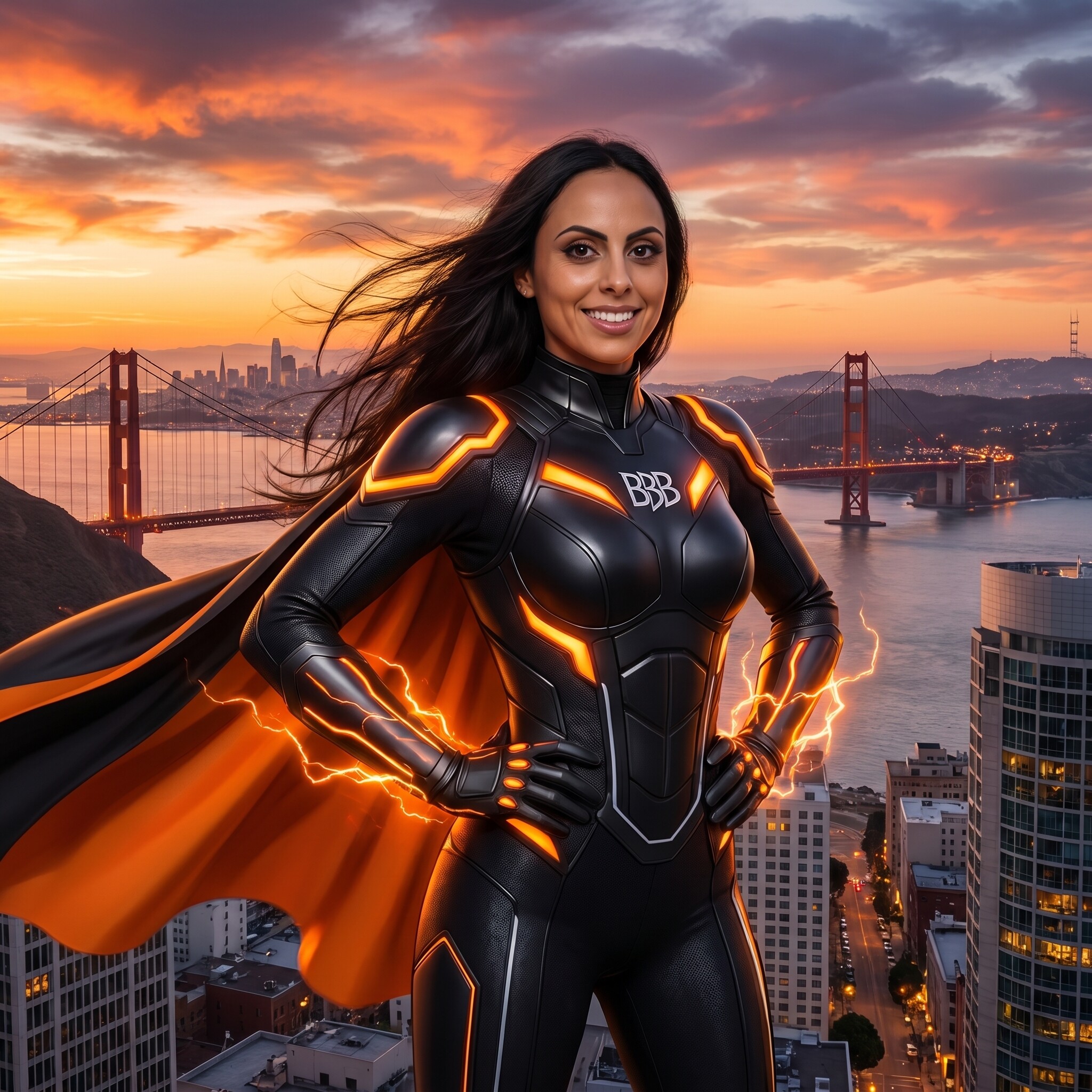 An AI photo booth picture of a woman as a superhero overlooking the San Francisco skyline.