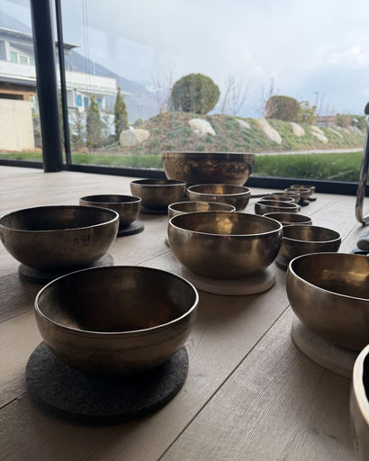 A group of various sized bronze singing bowls arranged on a wooden floor near a large window with a garden view outside.