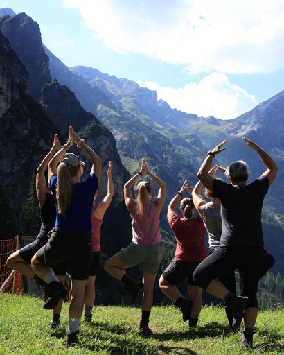Group of people practicing yoga tree pose outdoors on grass with mountainous landscape in the background.