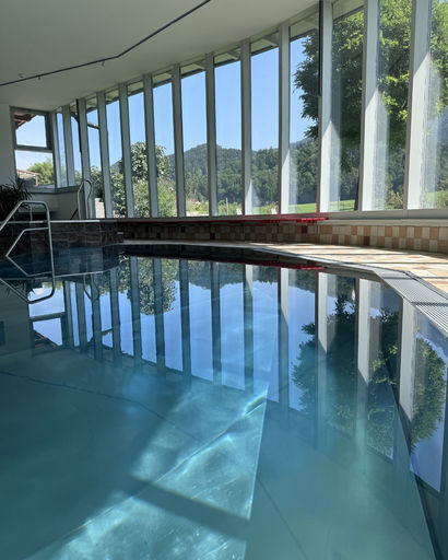 Indoor swimming pool with large windows showing a green hilly landscape and trees outside.