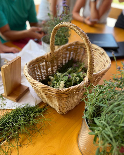 Geflochtener Korb mit Kräutern auf Holztisch beim Kräuter-Workshop im Retreat