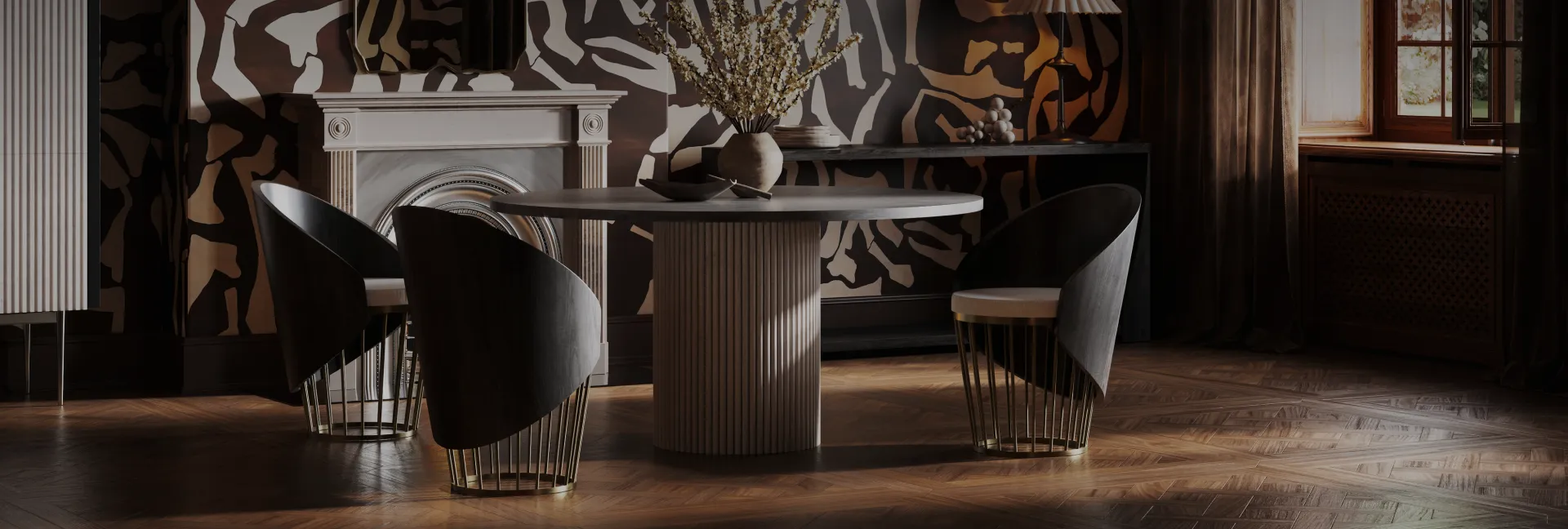 pedestal table with chairs in front of fireplace