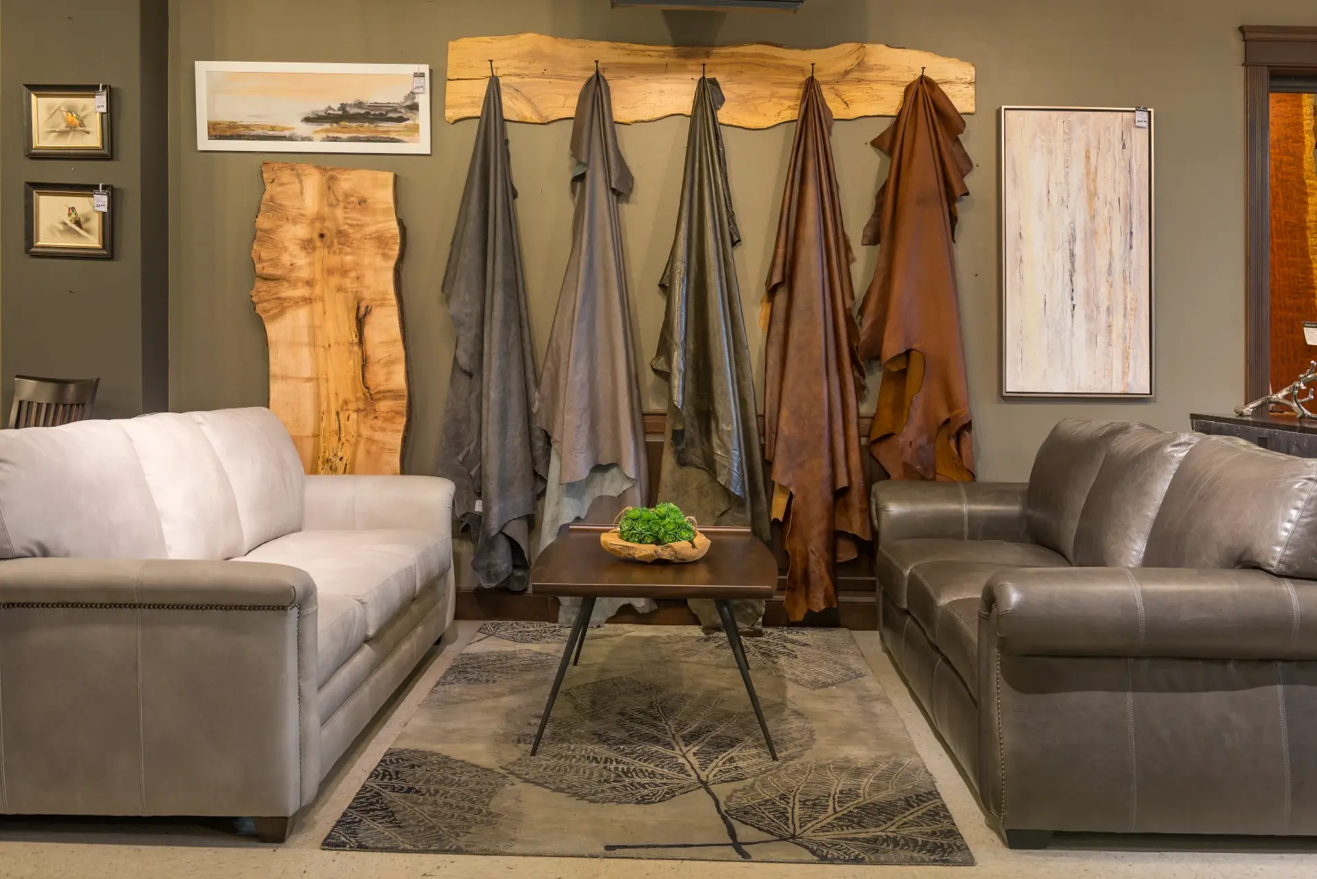 leather hanging and couches showroom