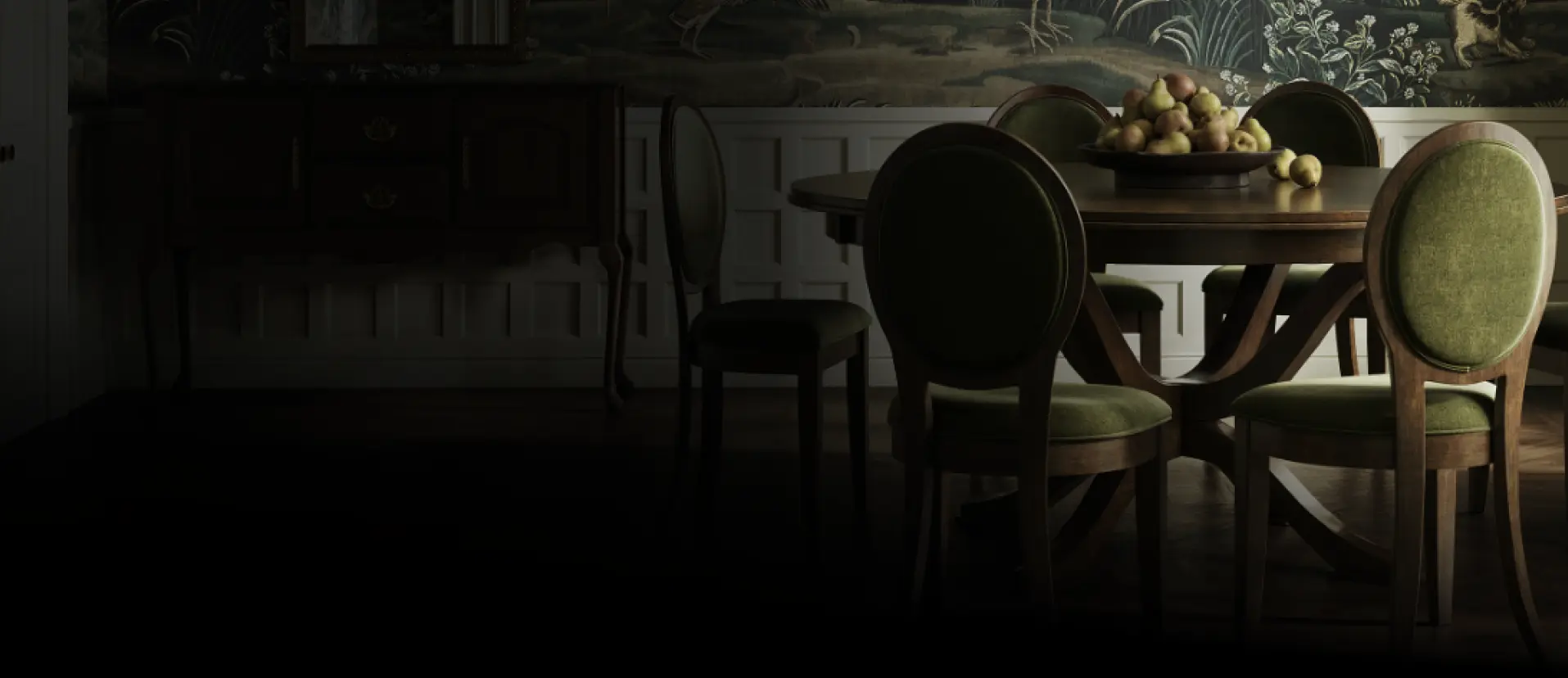 green dining chairs around table with fruit bowl