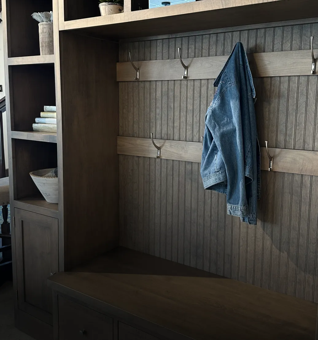 custom shelving and coat hook wall