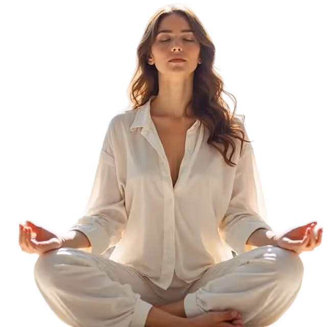 Woman in white clothing sitting cross-legged with eyes closed and meditating.