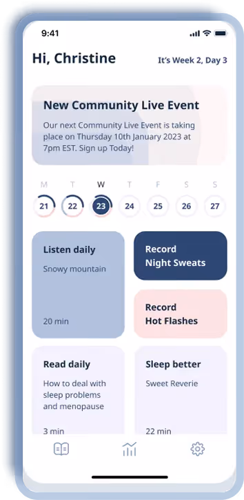 Mobile app screen greeting Christine with weekly schedule, including New Community Live Event on January 10, daily listening, recording symptoms like night sweats and hot flashes, reading, and sleep improvement activities.