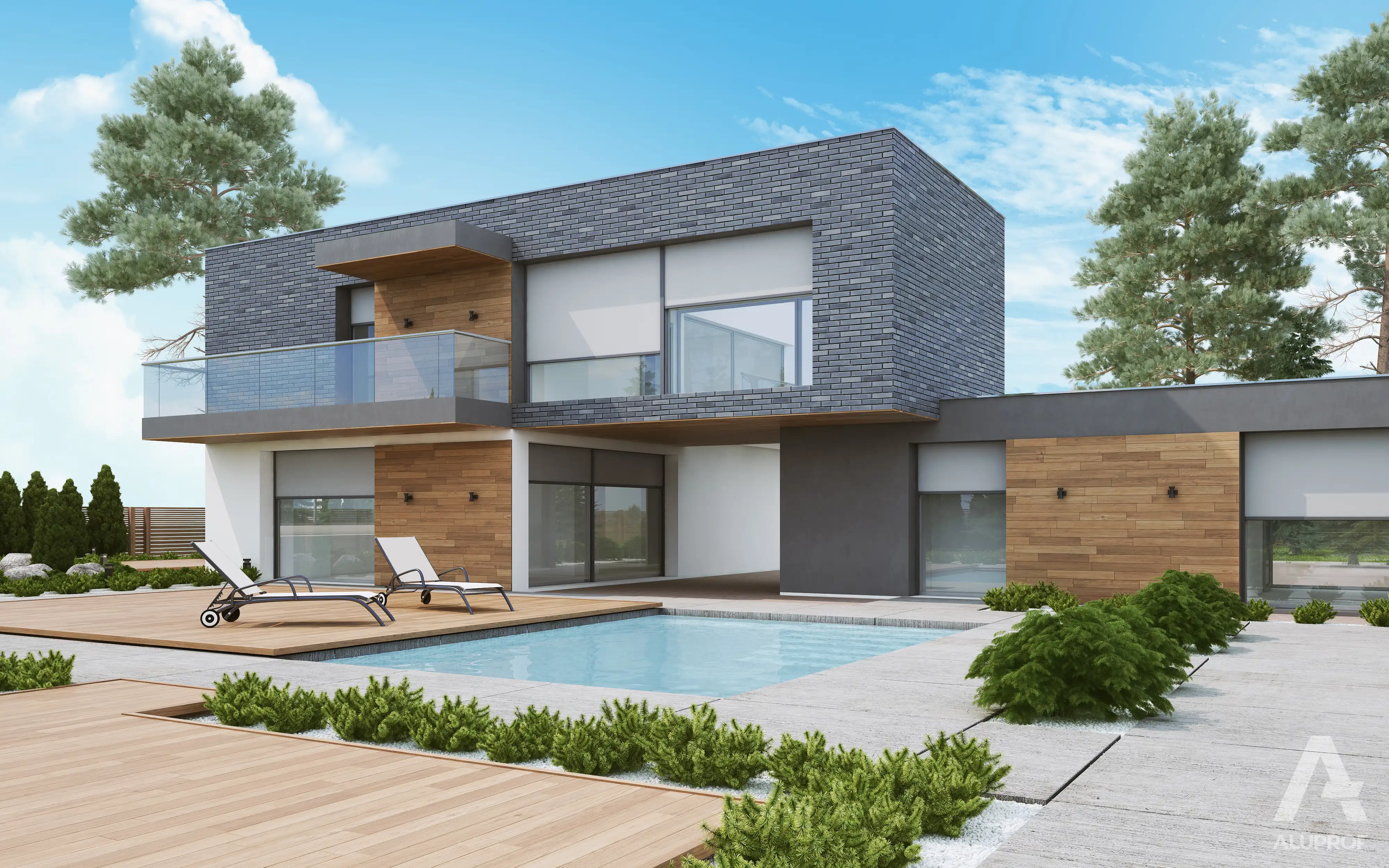 Aluprof Skyroll ZIP sun shading screen system on modern house – RA HOUSE