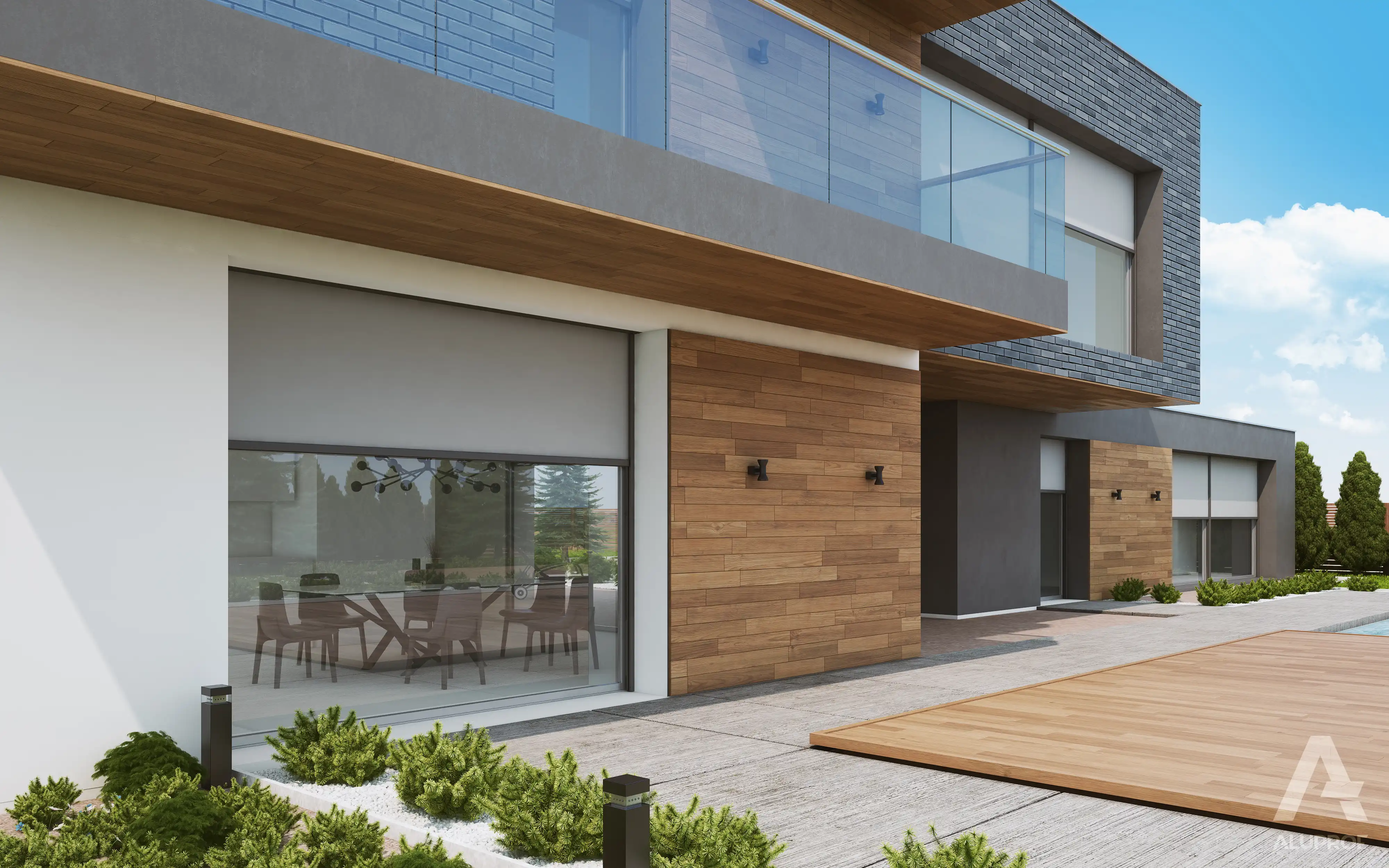 Aluprof Skyroll ZIP sun shading screen system on modern house – RA HOUSE