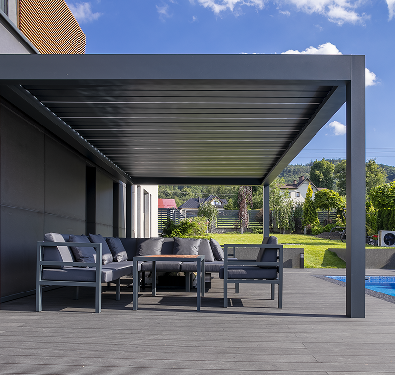 MB-OpenSky 140 aluminium pergola system for modern outdoor shading by RA HOUSE