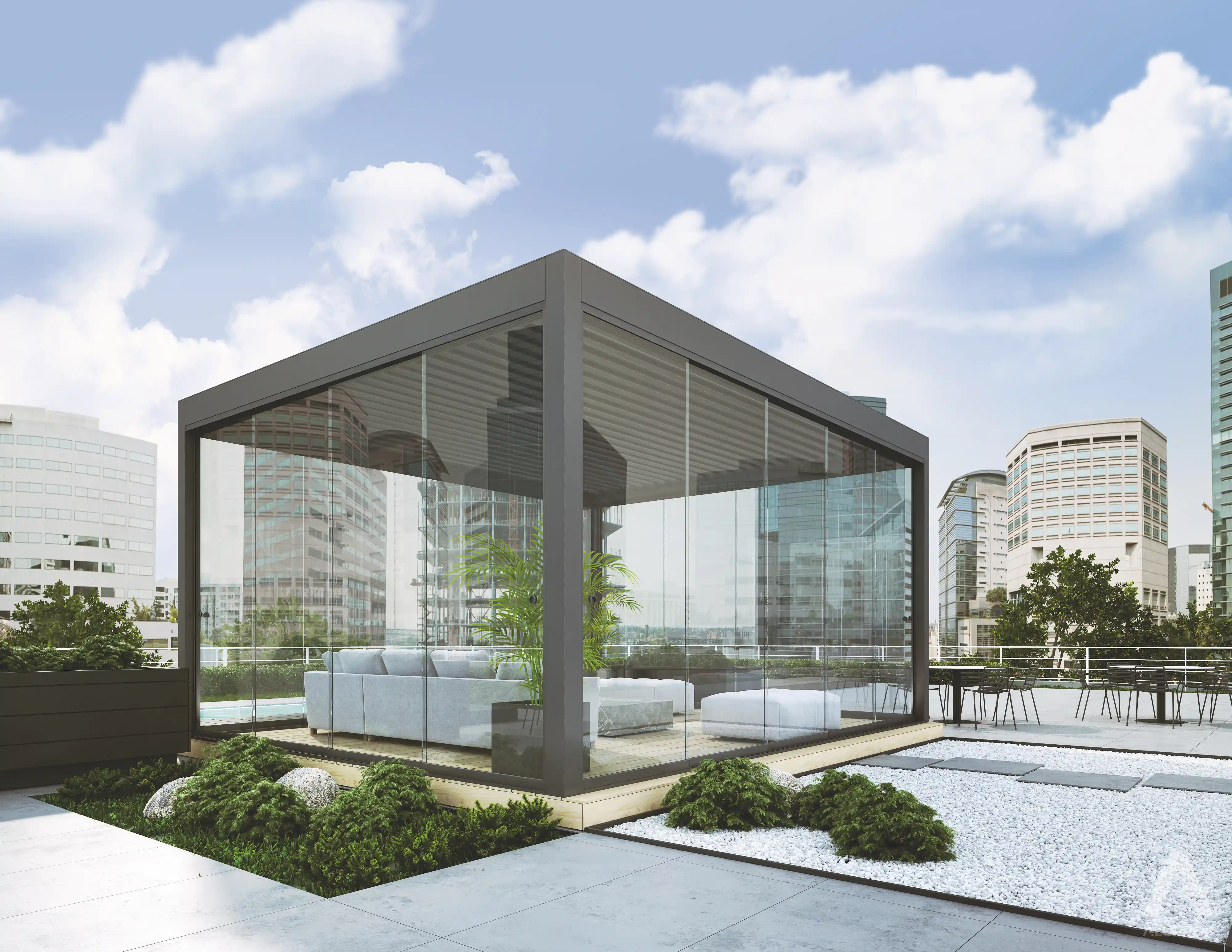 MB-OpenSky 140 aluminium pergola system for modern outdoor shading by RA HOUSE