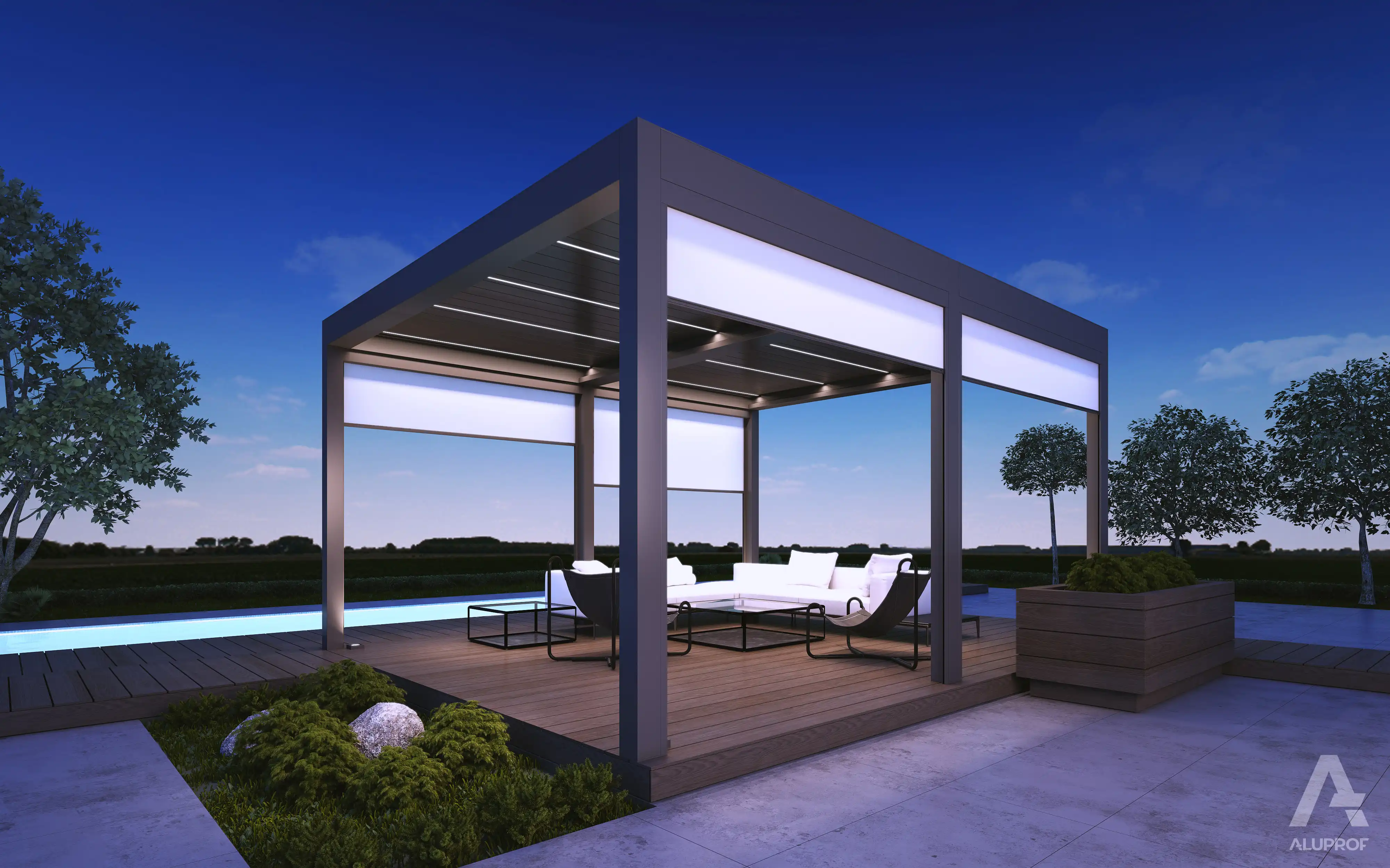 MB-OpenSky 140 aluminium pergola system for modern outdoor shading by RA HOUSE