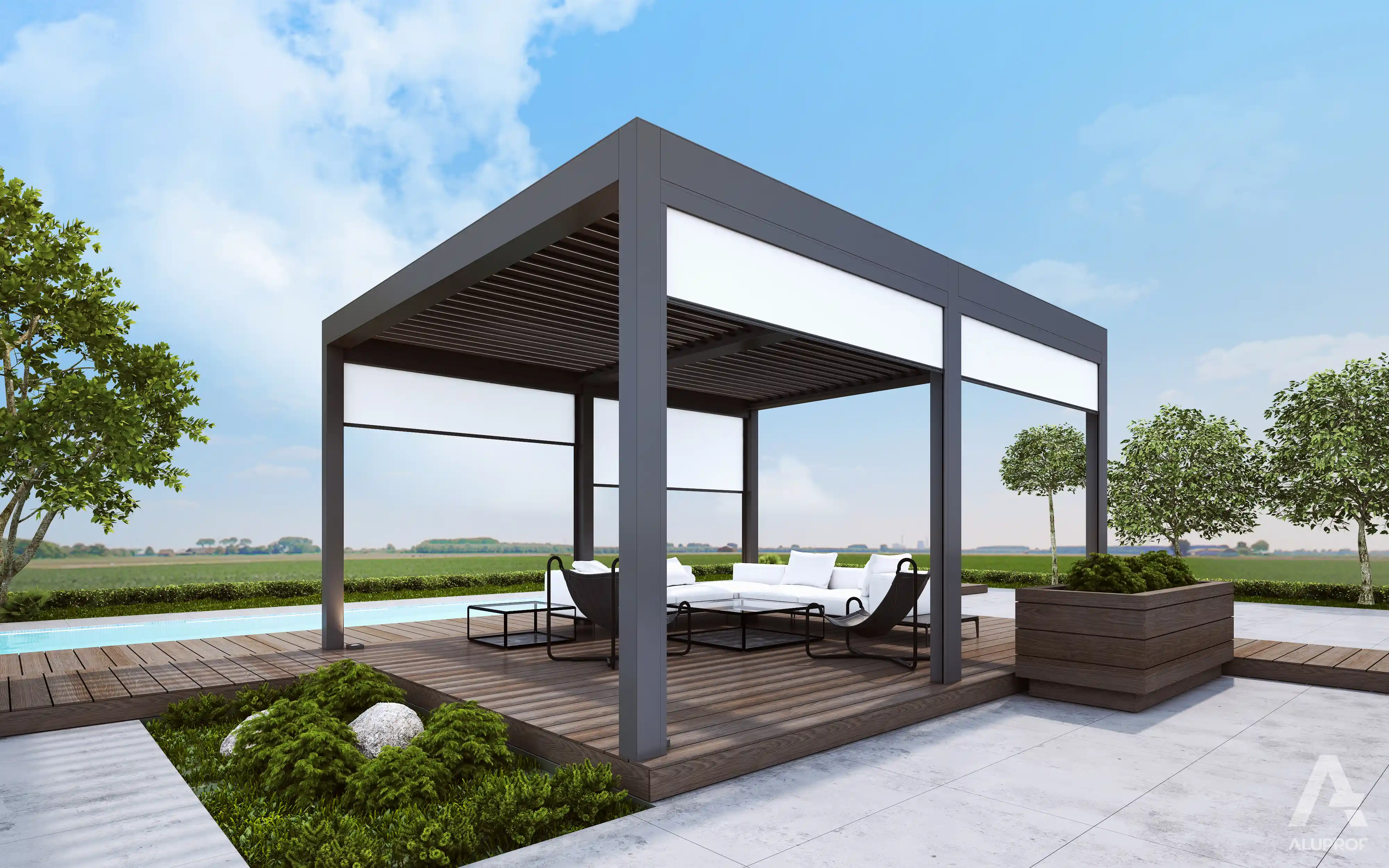 MB-OpenSky 140 aluminium pergola system for modern outdoor shading by RA HOUSE