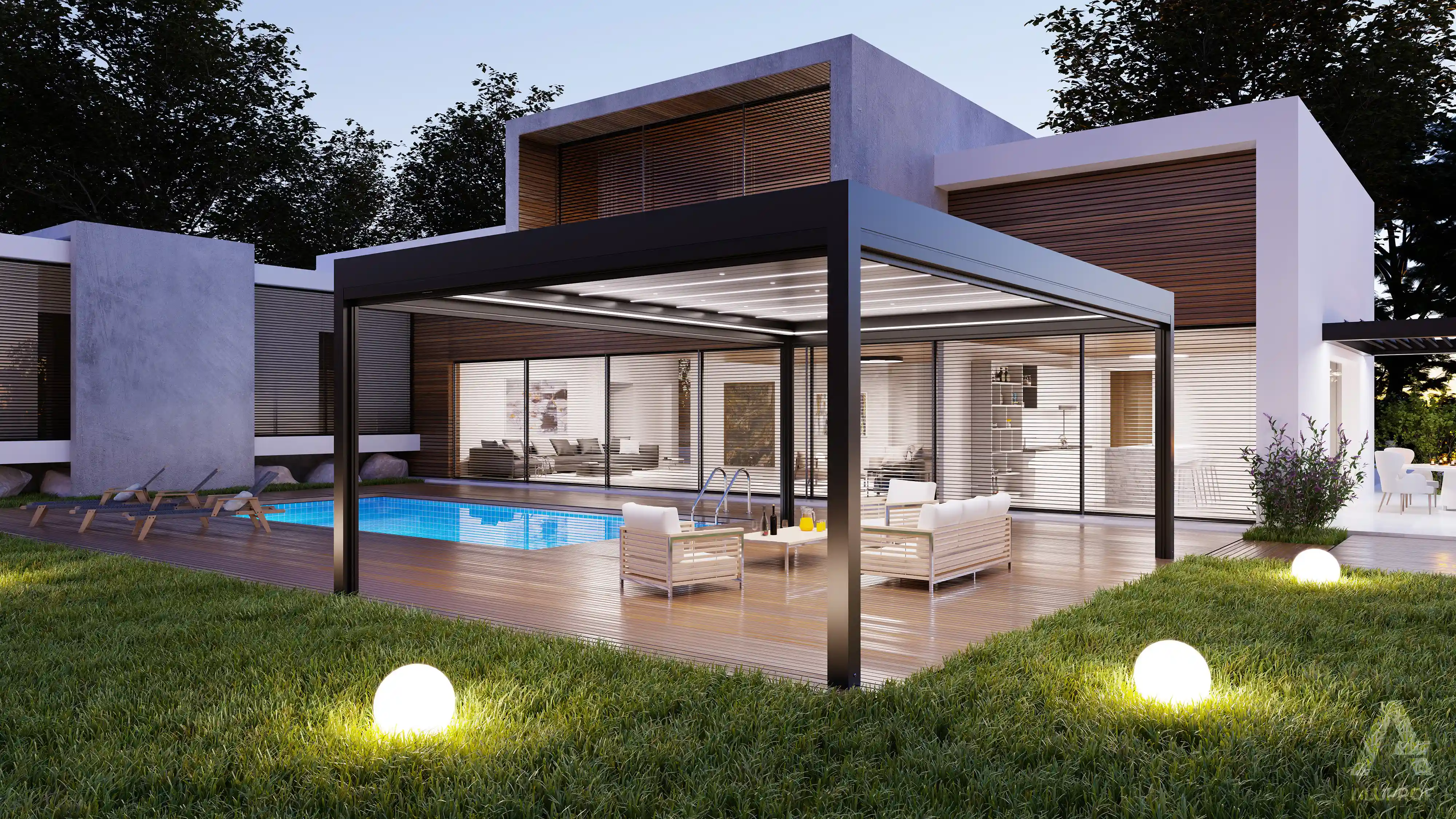 MB-OpenSky 140 aluminium pergola system for modern outdoor shading by RA HOUSE