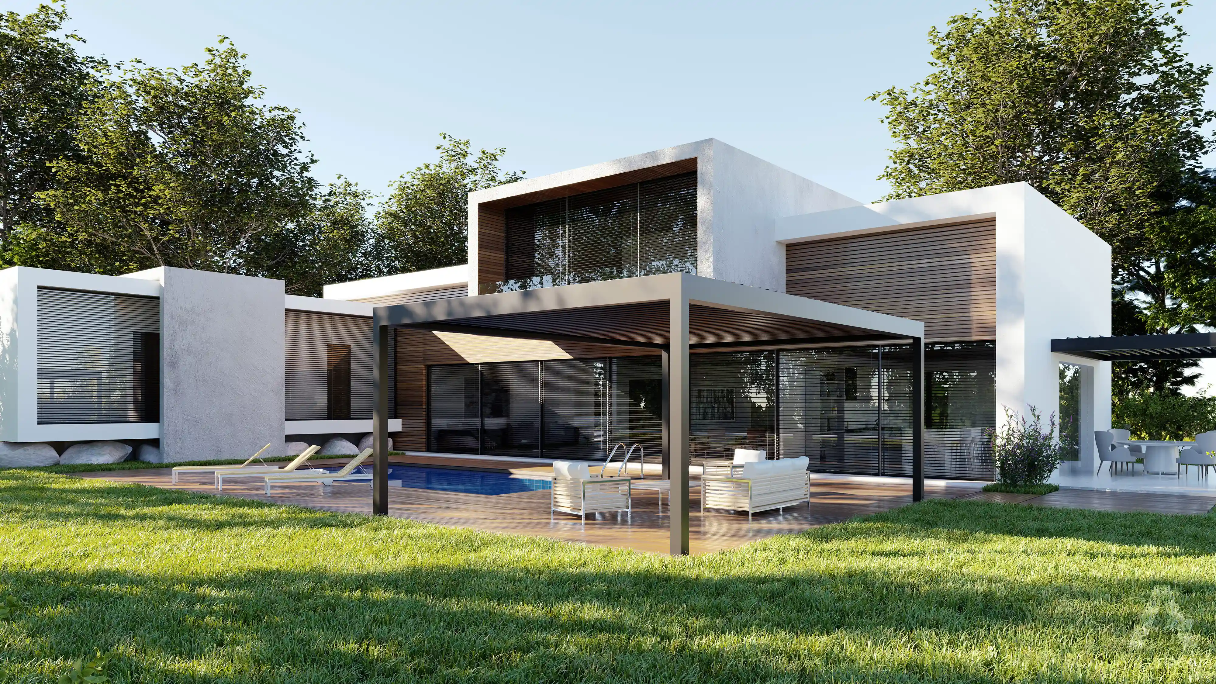 MB-OpenSky 140 aluminium pergola system for modern outdoor shading by RA HOUSE