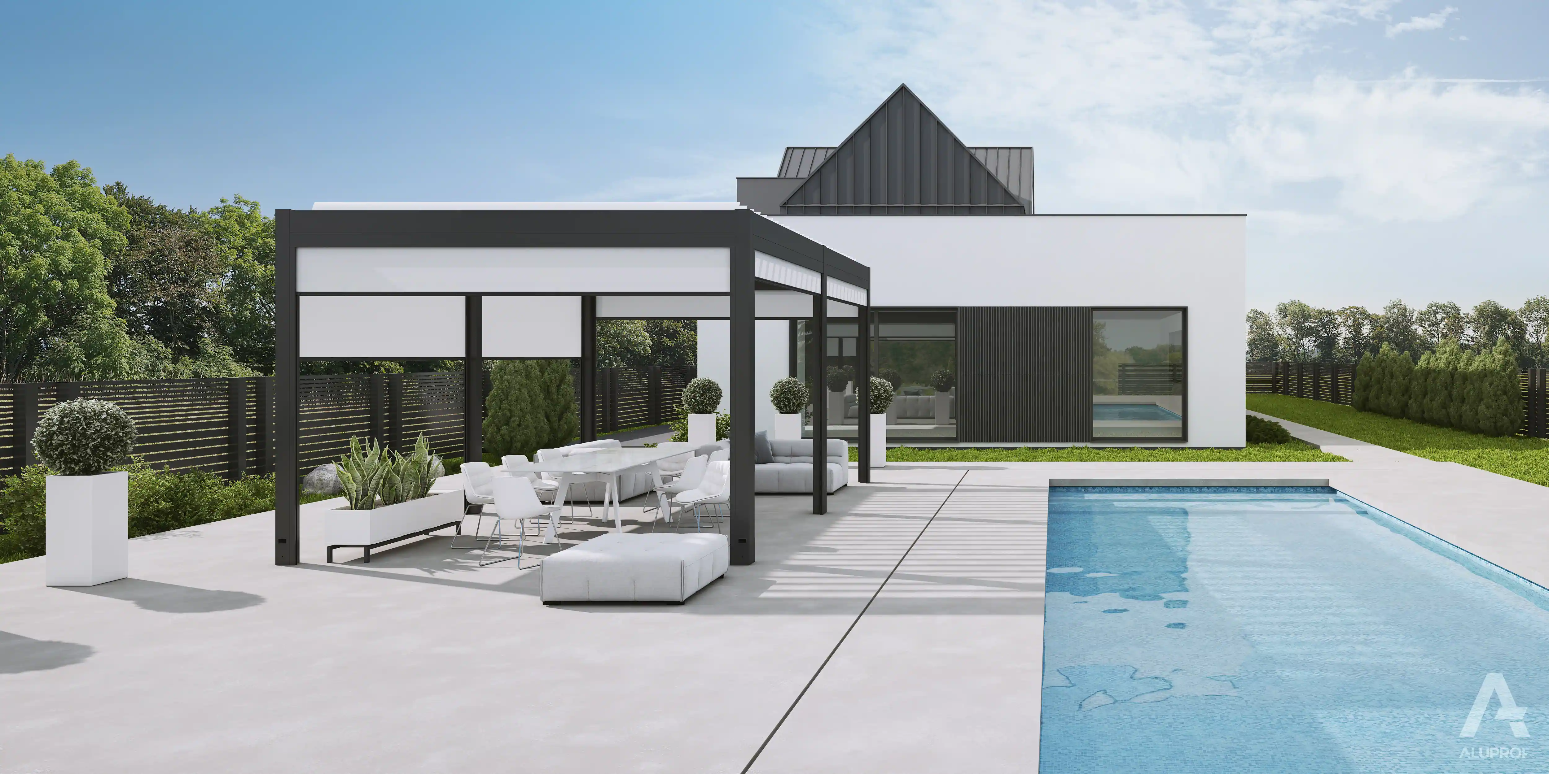 MB-OpenSky 120 aluminium pergola system for functional outdoor shading by RA HOUSE