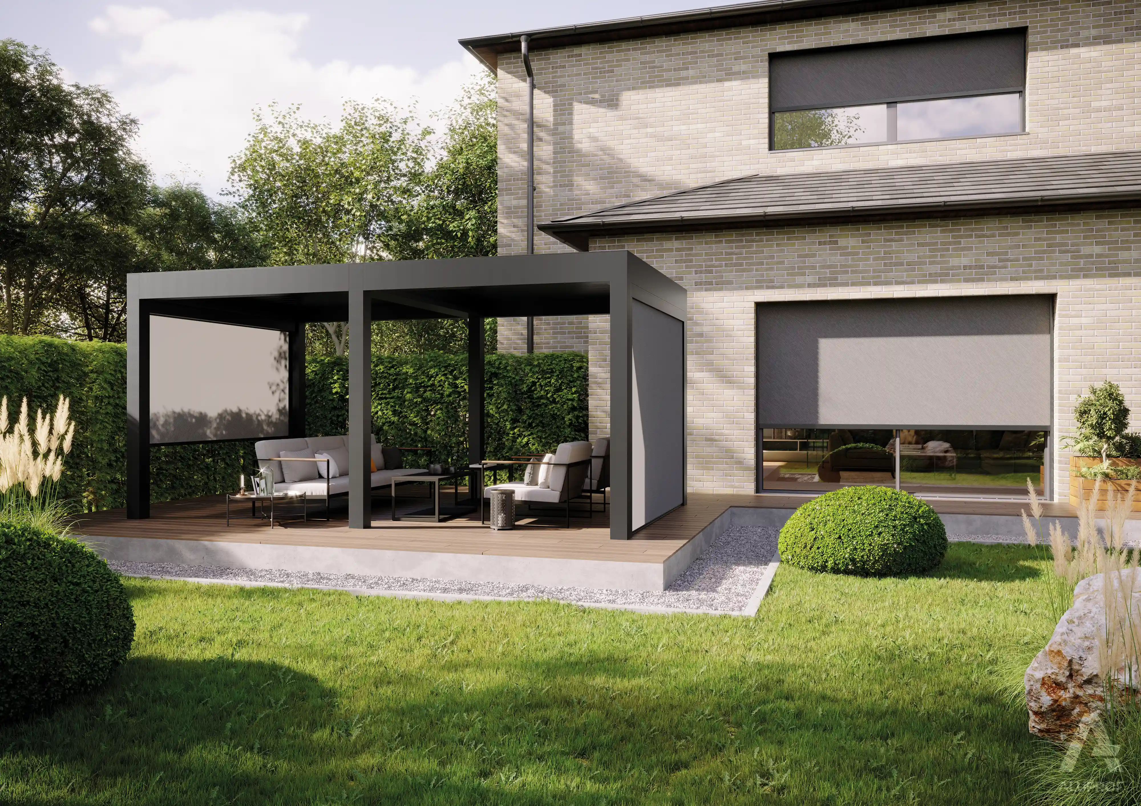 MB-OpenSky 140 aluminium pergola system for modern outdoor shading by RA HOUSE