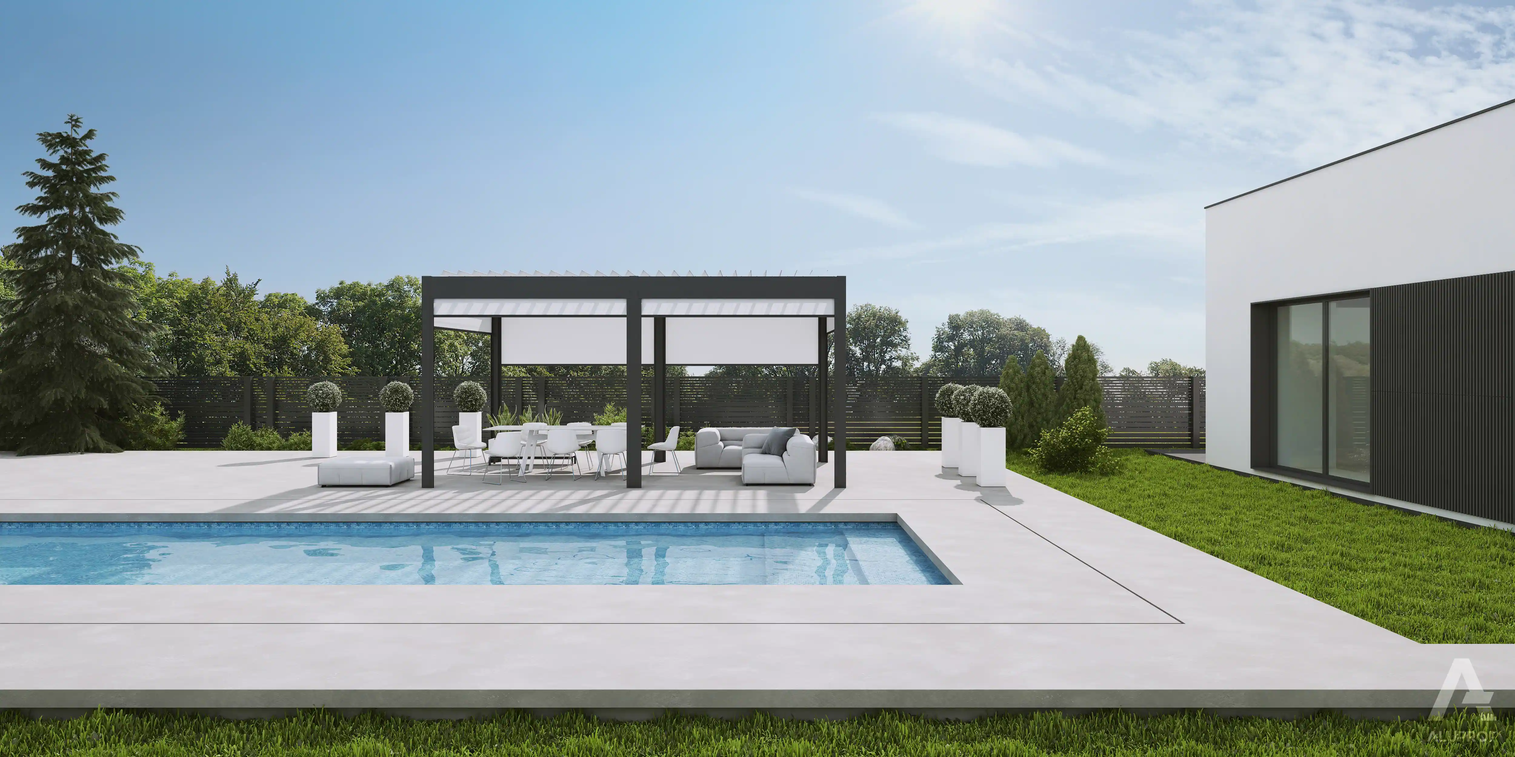 MB-OpenSky 120 aluminium pergola system for functional outdoor shading by RA HOUSE