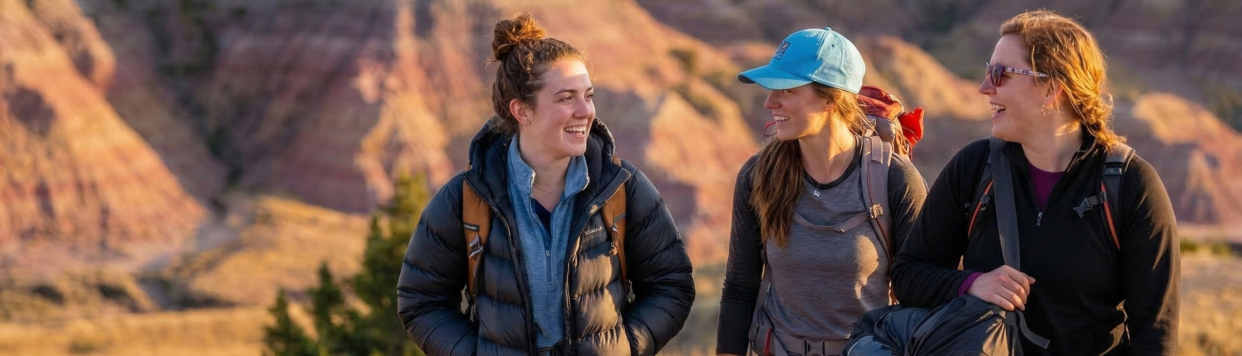Three women smiling and talking while hiking outdoors with backpacks against a backdrop of sunlit rocky mountains.